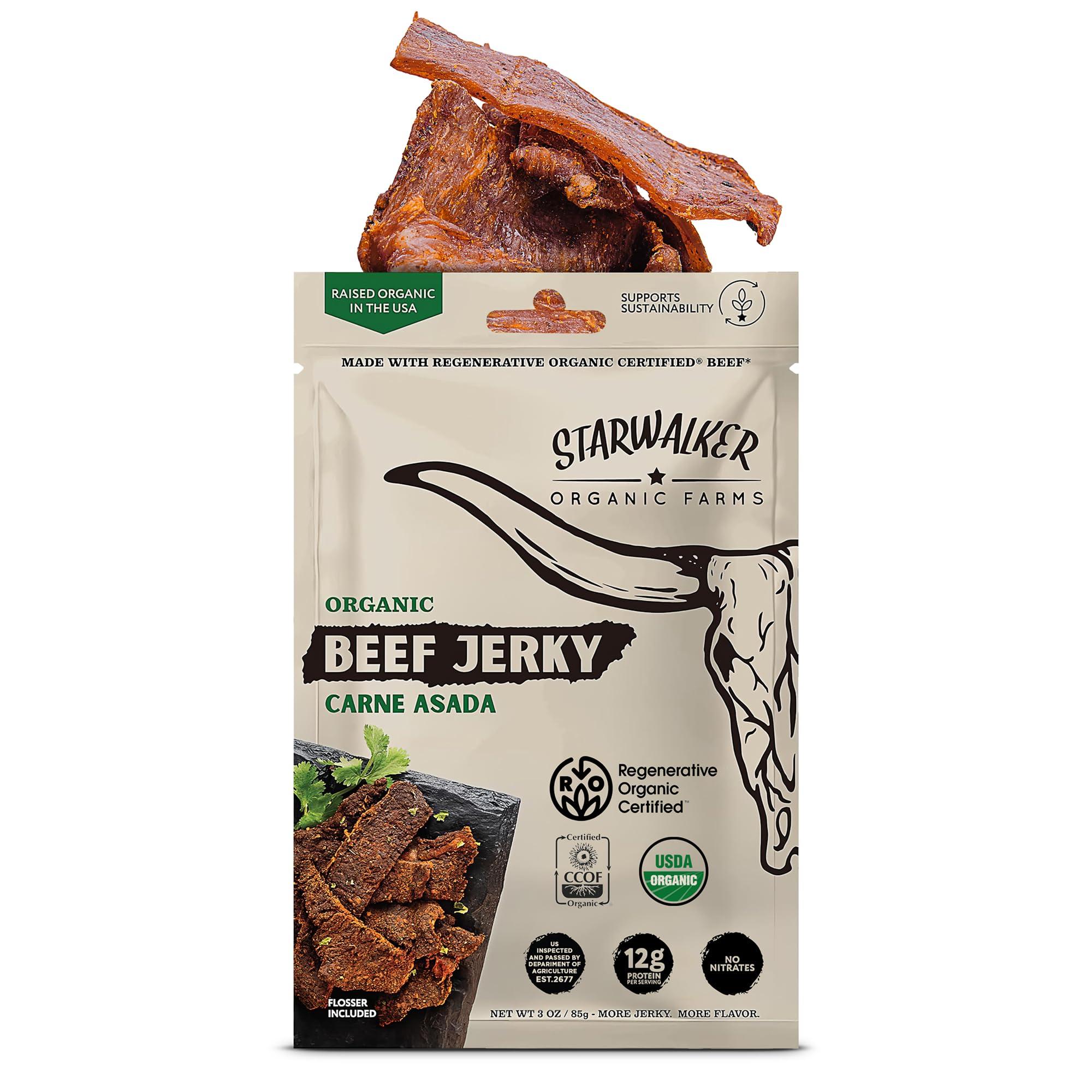 StarWalker Organic Farms StarWalker Organic Farms Carne Asada Beef Jerky Certified Organic, 36g Protein, No Nitrates or Preservatives, Grass-Fed, 3 oz Bag