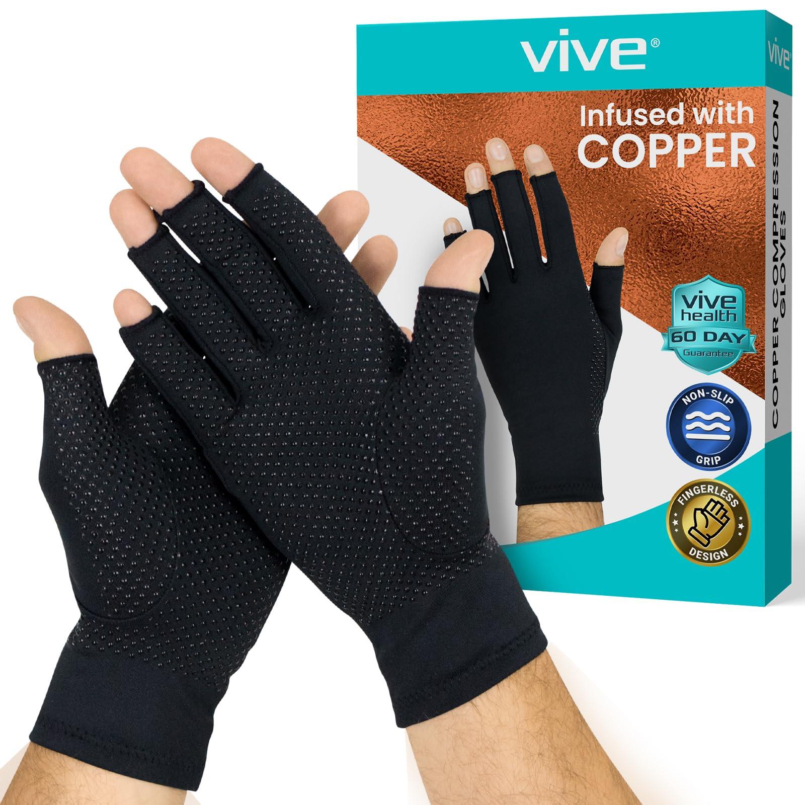 Vive Vive Fingerless Arthritis Gloves for Men & Women Made w/Copper Infused Fabric - Therapeutic Compression for Swelling, Carpal Tunnel, Tendonitis, Edema, & Finger Pain - Comfortable Non-Slip (Large)