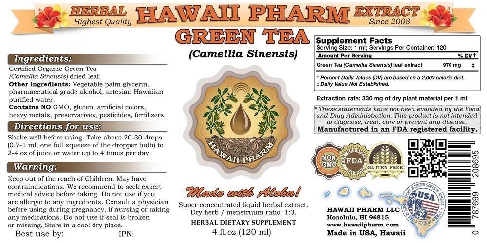 HawaiiPharm Green Tea Liquid Extract, Green Tea (Camellia Sinensis) Leaf Powder Tincture Supplement 4x4 oz