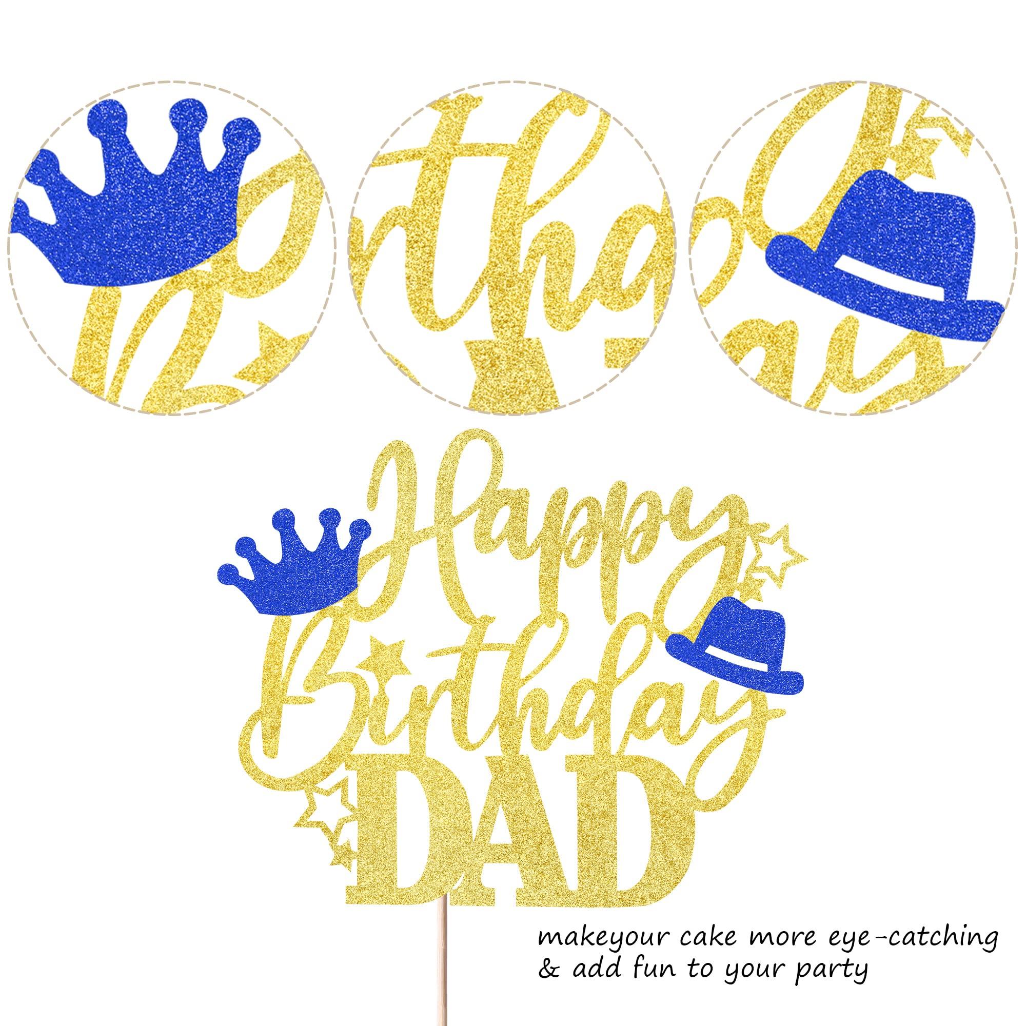 Rsstarxi Rsstarxi 1 Pack Happy Birthday Dad Cake Topper with Glitter Crown Hat Love Father Best Dad Birthday Cake Pick for Happy Father's Day Theme Dad Birthday Party Cake Decorations Supplies Gold
