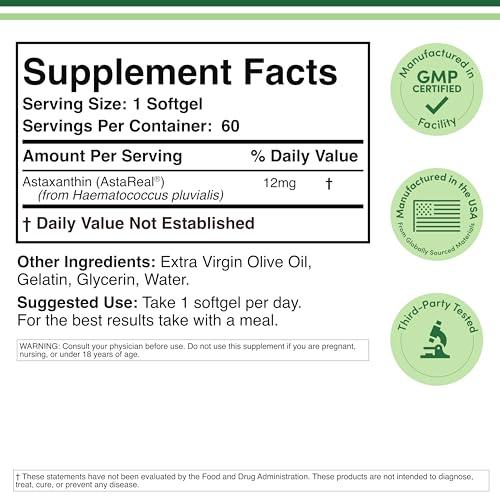Double Wood Supplements Astaxanthin 12mg Max Strength (AstaReal: Natural Patented Astaxanthin with 70+ Human Clinical Trials - World's Most Studied Brand) Grown, Harvested, and Made in The USA (Astaxantina) by Double Wood