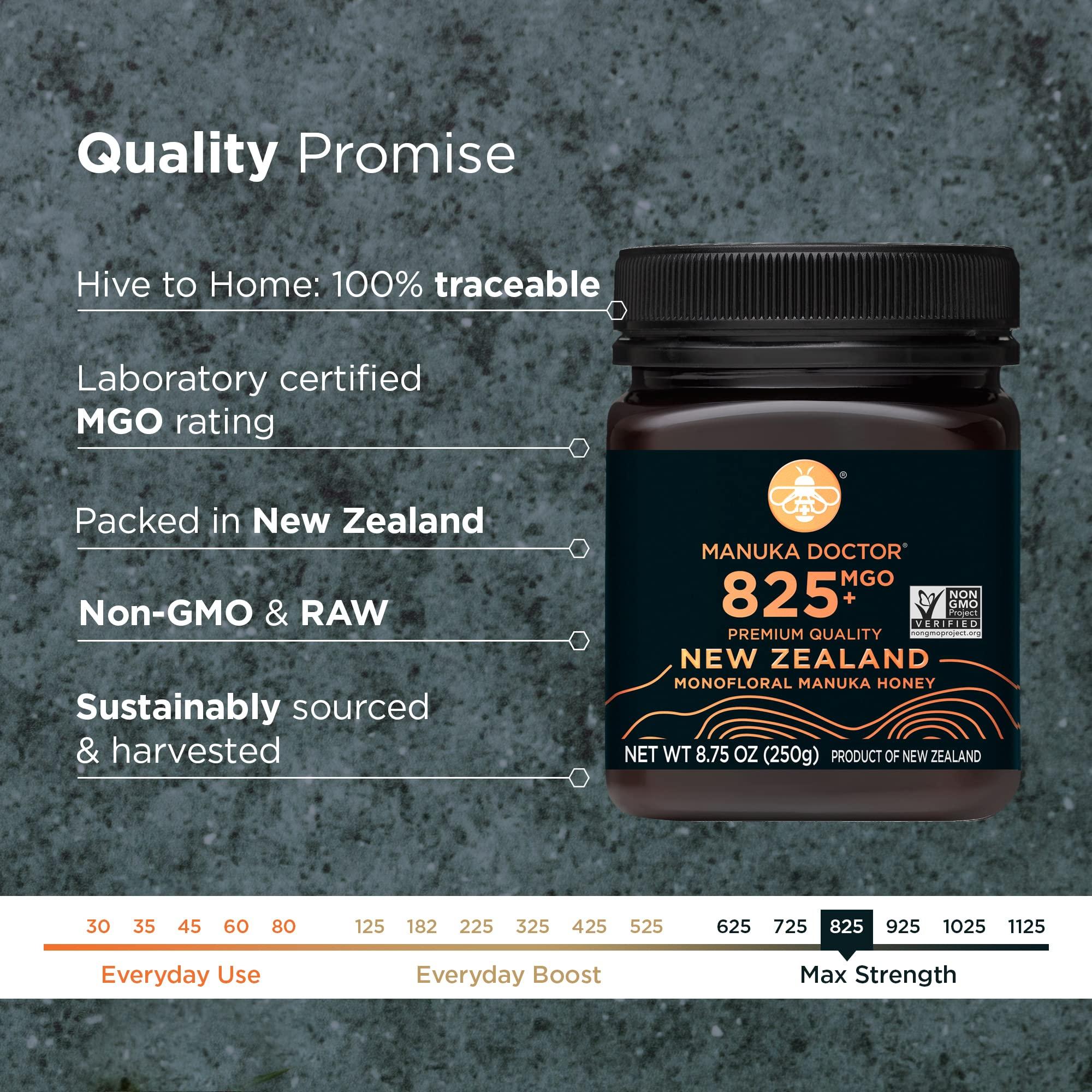 Manuka Doctor MANUKA DOCTOR - MGO 825+ Manuka Honey Monofloral, 100% Pure New Zealand Honey. Certified. Guaranteed. RAW. Non-GMO (8.75 oz)