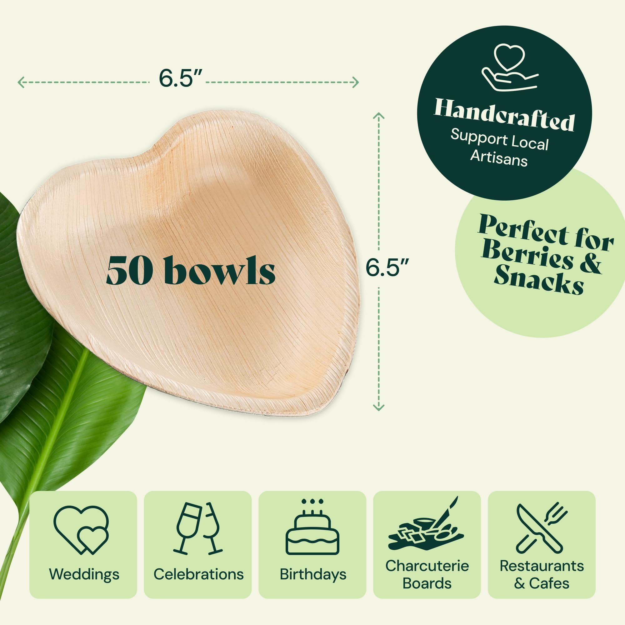 Chic Leaf Chic Leaf Palm Leaf Bowls Disposable Bamboo Heart Shaped Bowls 6.5 Inch Heart Dish (50 Heart Bowls) - Compostable Heart Shaped Plates - Cute Plates For Catering, Charcuterie, Parties