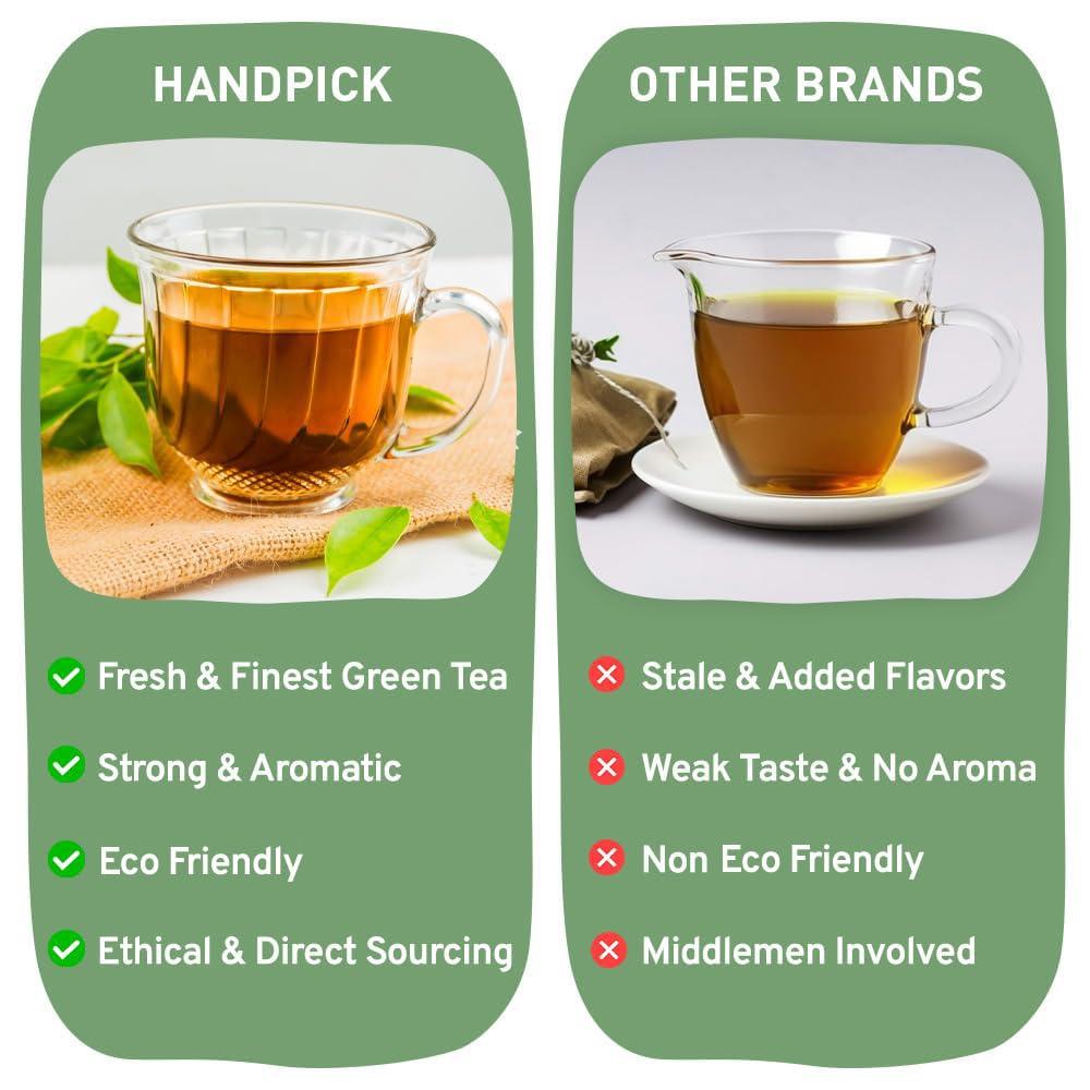 HANDPICK HANDPICK, Organic Green Tea Bags - 100 Eco-Friendly Tea Bags | USDA Organic | Resealable Pack for Freshness | Delicate & Flavory | Direct From India