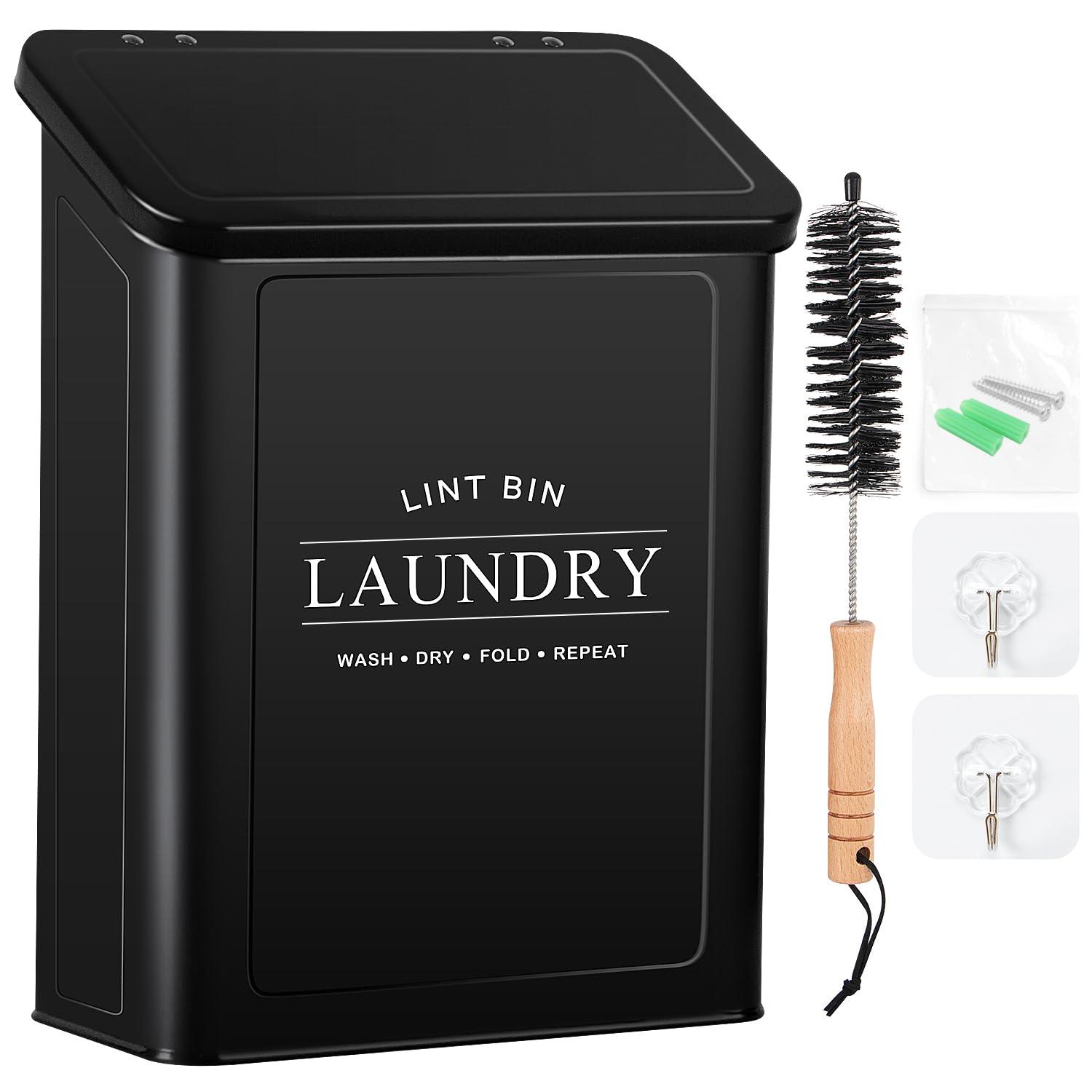Candco Candco Magnetic Lint Bin for Laundry Room, Metal Lint Trash Can with Lid and Brush, Wall Mounted Lint Box for Dryer, Farmhouse Laundry Room Decor, Black