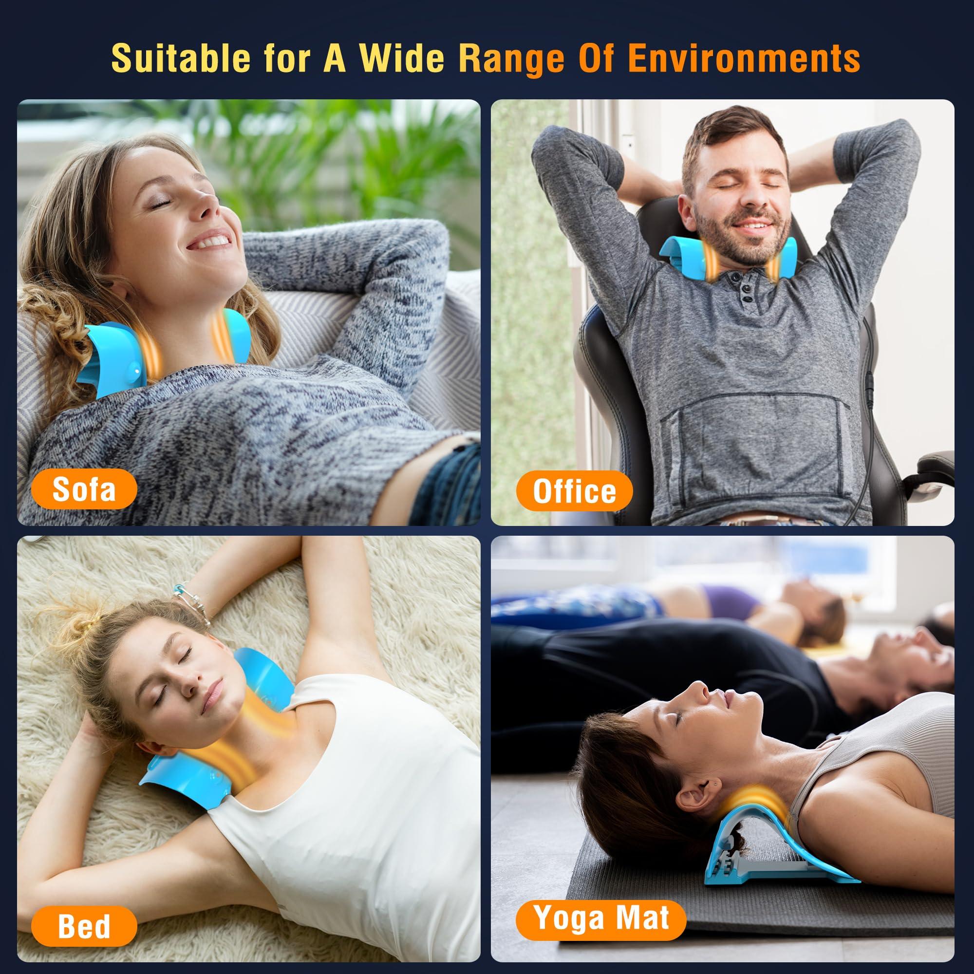 TEMASH TEMASH Cervical Traction Device - Heated Neck Stretcher for Instant Neck Pain Relief, Tension Headache Reduction, and TMJ Pain Relief, with Cervical Spine Pillow to Correct Neck Hump(Blue)