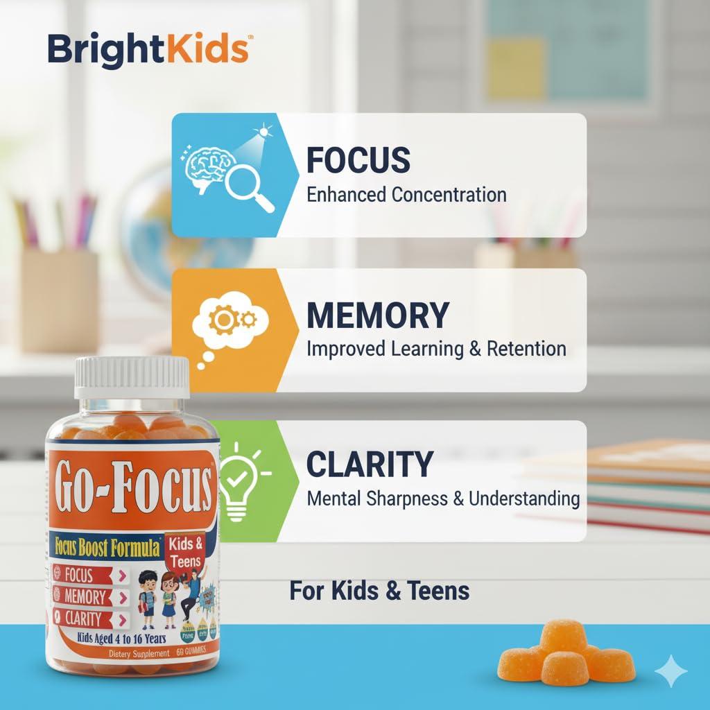 BrightKids BrightKids Brain Supplements for Memory and Focus, Omega 3 & DHA Focus Gummies for Kids, Memory Booster Focus Supplement for Kids & Teens- Low-Sugar, Natural Fruit Flavor 60 Gummies