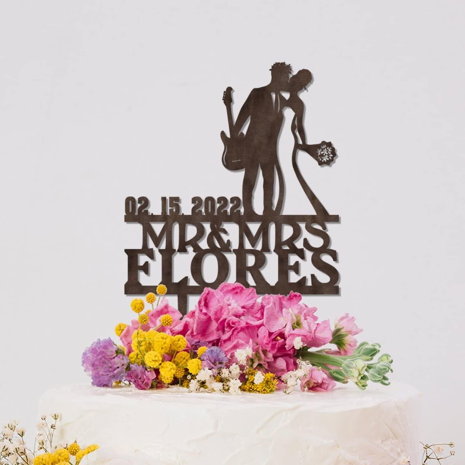 YJHLBHDIAN Mr and Mrs Cake Topper for Wedding Married Anniversary Cake Topper African American Couple Silhouette Musician Wedding Cake Topper Personalized Couple Last Name Cake Topper Wood Cake Toppers
