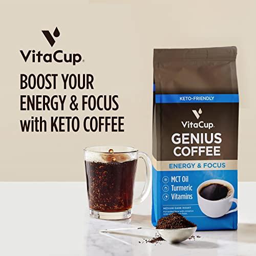 VitaCup VitaCup Genius Ground Keto Coffee w/Turmeric, MCT Oil, B Vitamins, D3, Ground Coffee Medium Dark Roast, Bold & Smooth, 100% Arabica Coffee Grounds, 4 bags, 11oz each