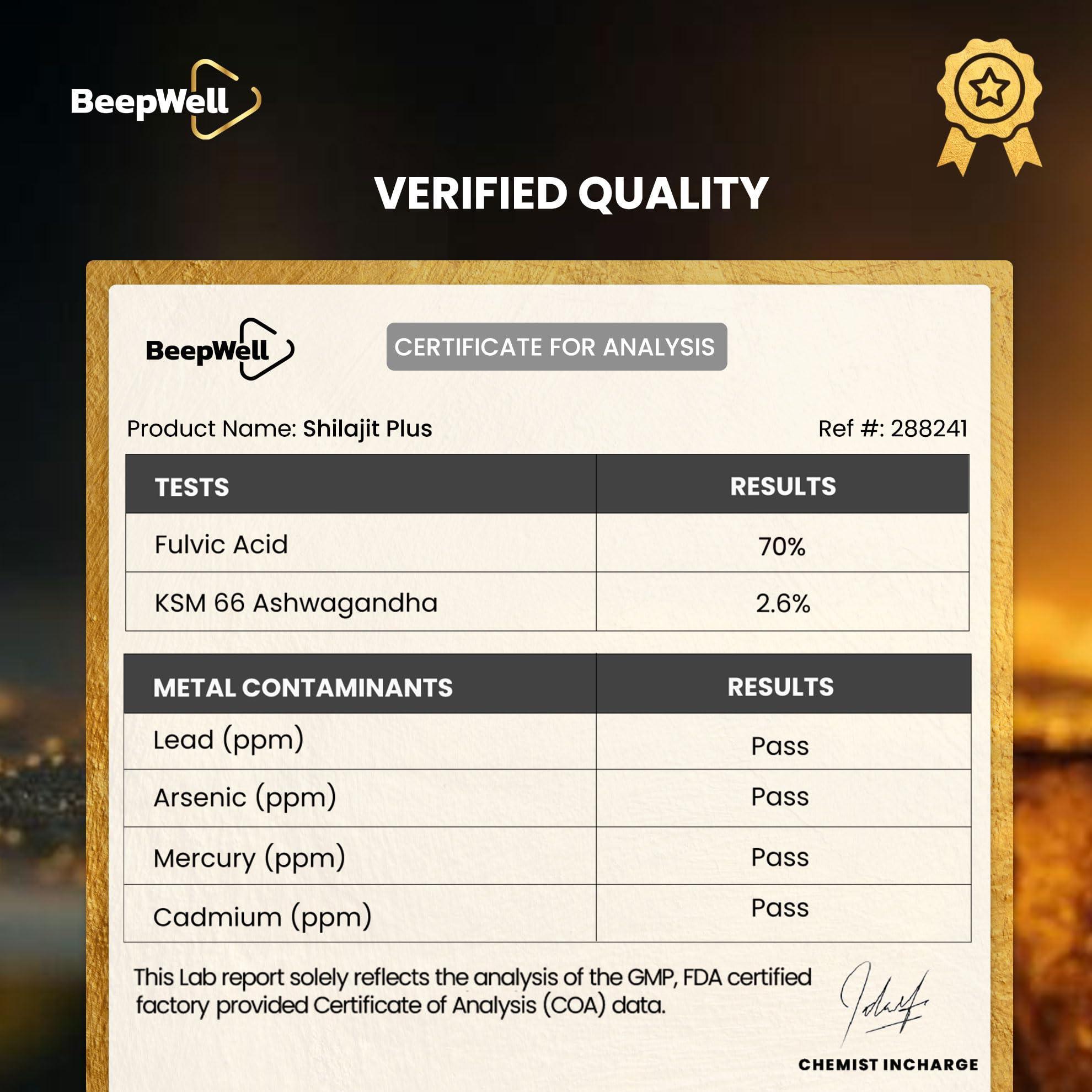 BeepWell BeepWell Shilajit Resin Himalayan Pure Natural Ashwagandha Maca Root Black Pepper Authentic Chilajil Men Women Gold Ayurvedic, 72% Fulvic Acid 85+ Trace Minerals, 50 Servings, 40 Grams