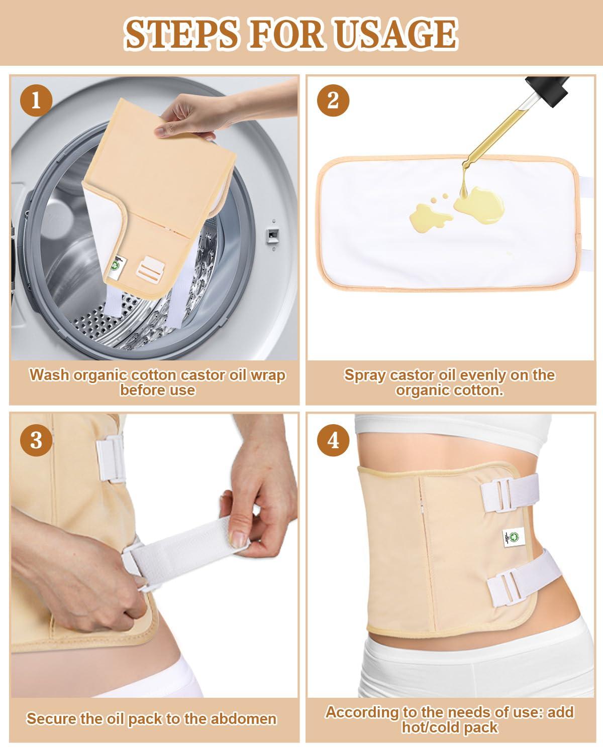 Raccomb Castor Oil Packs Organic Cotton - Adjustable Reusable Organic Castor Oil Pack Compress Kit for Women, Castor Oil Wraps Organic for Entire Body Neck Stomach Waist Chest Knee