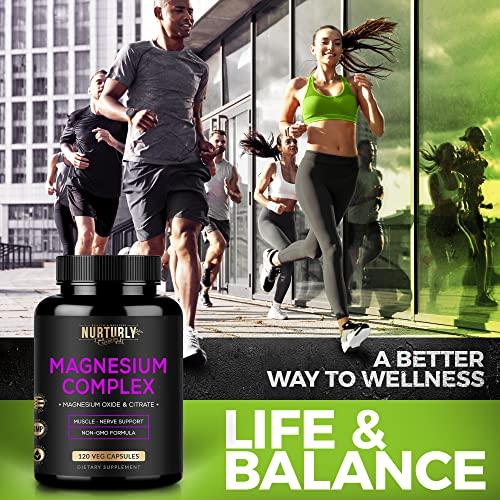 NURTURLY Magnesium Citrate & Oxide 500mg Complex Supplement - High Absorption Maximum Strength - Helps Support Bone Density and Strength, Muscles, Energy and Sleep - 360 Vegan Capsules