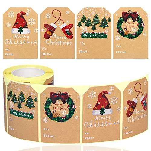 kakumfu Christmas Gift Tags Stickers 200 Pieces Christmas Name Tag Stickers Self Adhesive Kraft Paper Holiday Tags Christmas to from Stickers KAKUMFU Xmas Presents Label