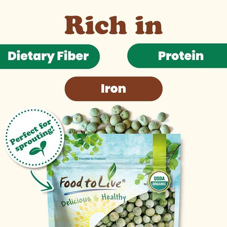Food to Live Food to Live Organic Whole Dried Green Peas, 5 Pounds Non-GMO, Green Vatana, Sproutable, Vegan, Kosher, Bulk. Pre-Soak Needed. Rich in Protein, Fiber. Great for Green Curry, Stews, Salads, Pea Soup
