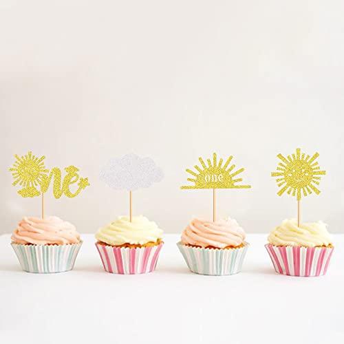 Cyodoos Cyodoos 24Pcs Sunshine One Cupcake Toppers Sun Simle Face Cloud You are My Sunshine First Birthday Cupcake Picks Baby Shower 1st Birthday Party Cake Decorations Supplies - Gold Glitter