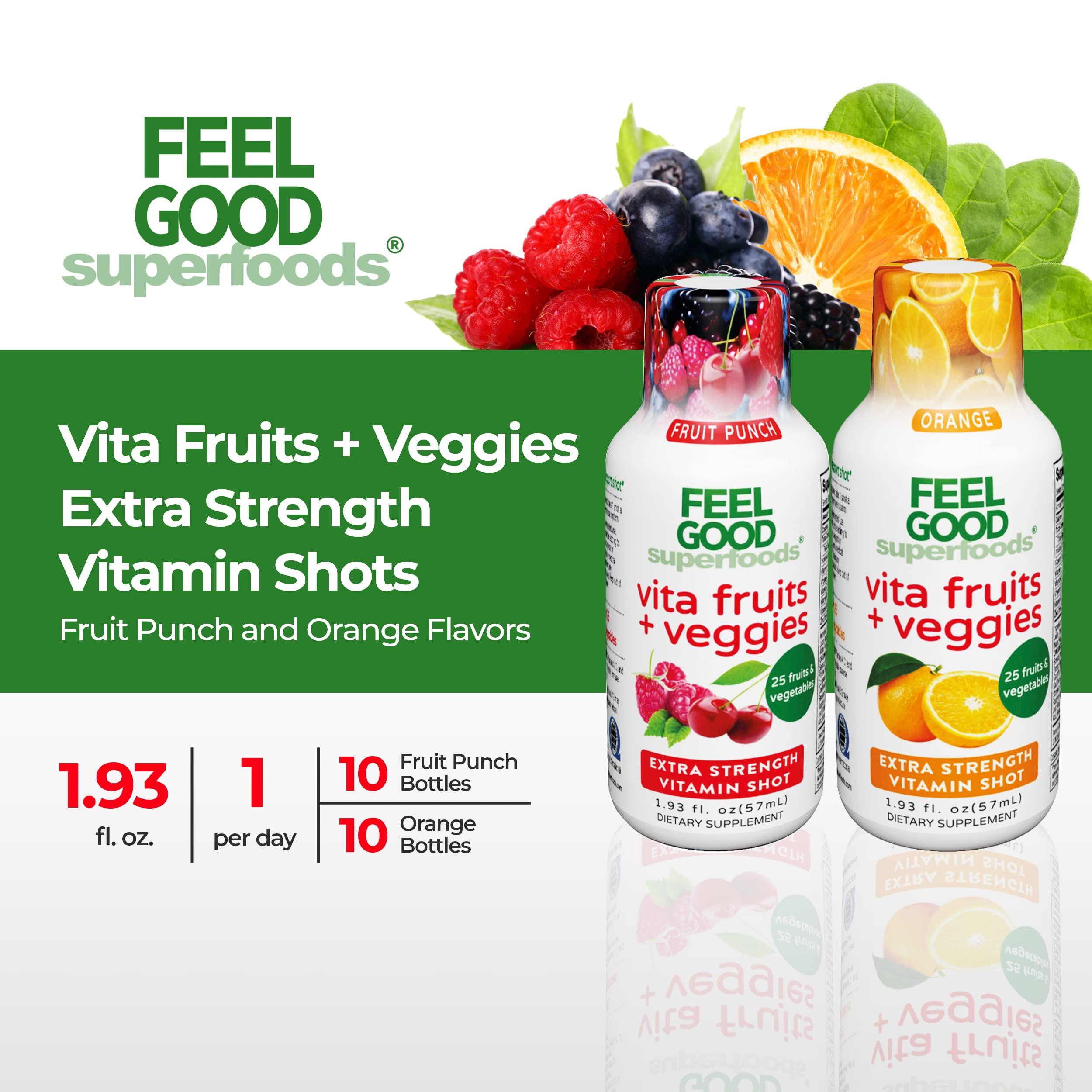 FeelGood Superfoods FeelGood Superfoods Vita Fruits and Veggies Immune Support Shot Supplements, 25 Organic Fruits and Veggies, Ready to Drink Immunity Booster, Orange and Fruit Punch Flavor, Combo Pack of 20