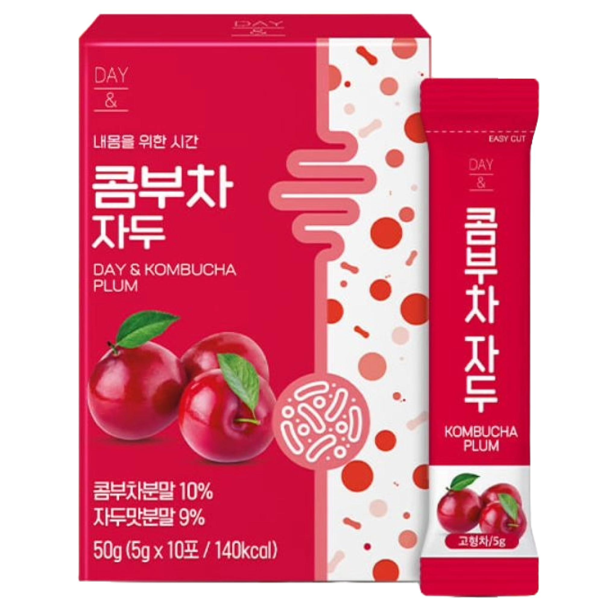 MENBLY Kombucha Powder Tea Pack Korean Healthy Beverage Juice - Korean Tea Drink Zero Sugar, Sparkling Fermented, Probiotics & Prebiotics 10 sticks (Plum)