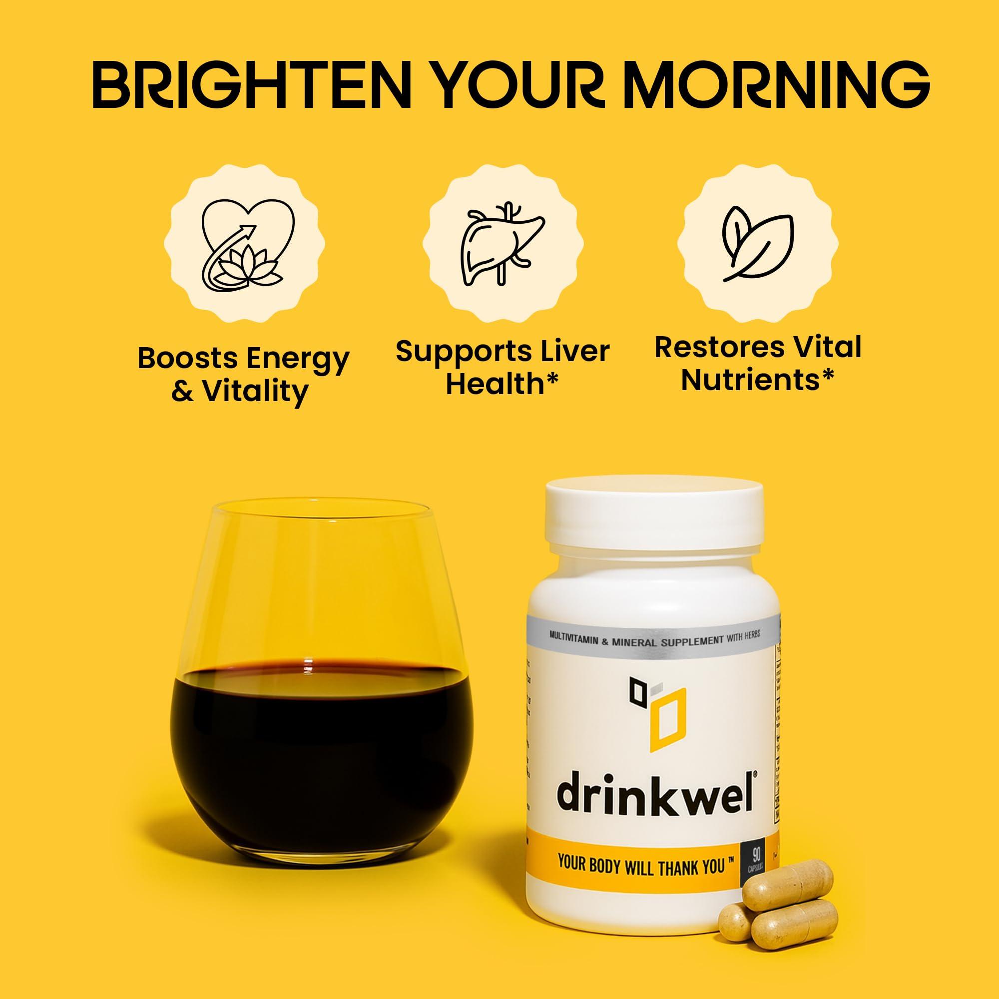 drinkwel drinkwel Better Mornings - Premium Multivitamin Supplement - Liver Cleanse, Detox, Immune Support- Milk Thistle, Vitamin C, Zinc, Magnesium - 30 Count