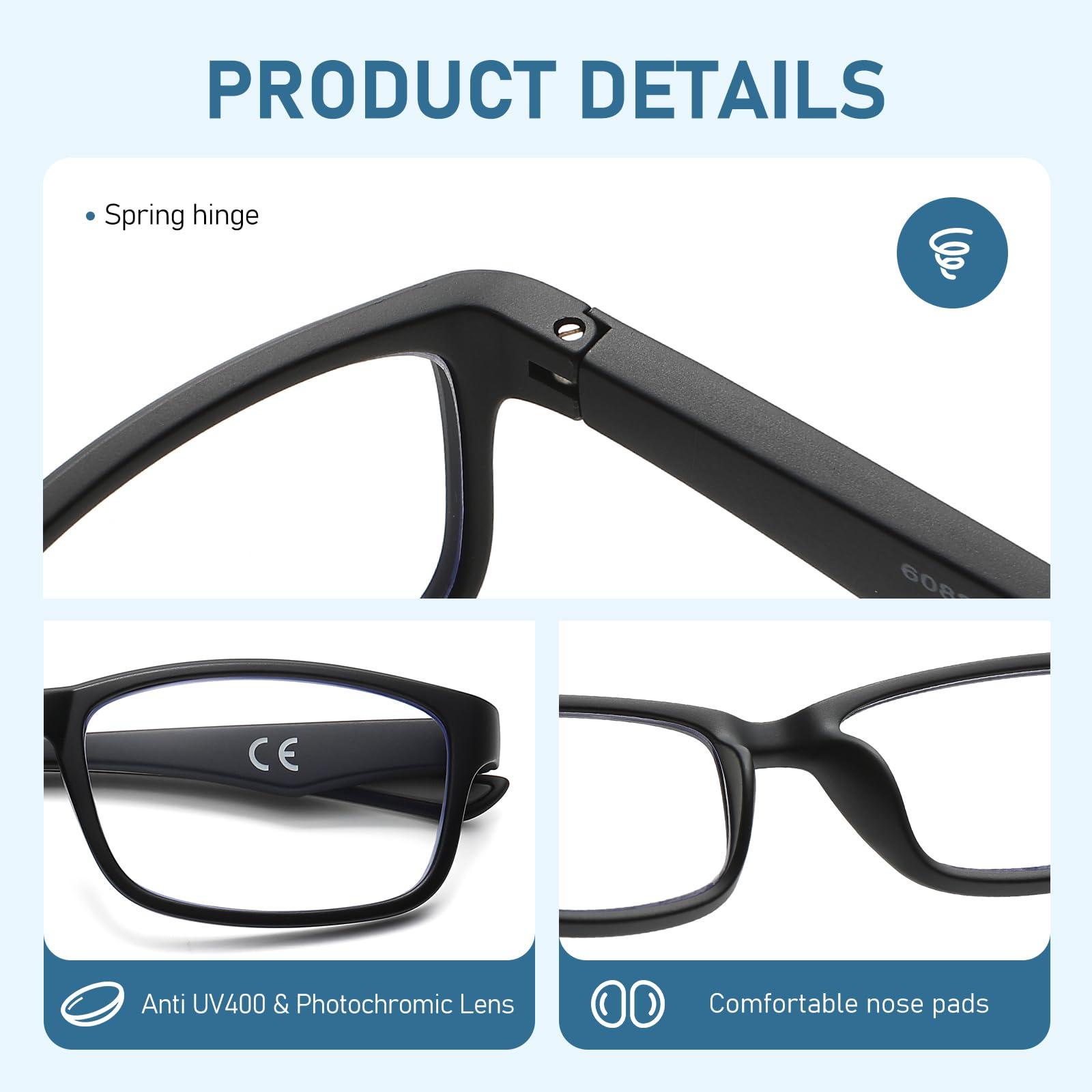 LKEYE LKEYE Sport Reading Glasses Men Photochromic Lens Blue Light Blocking Computer Reader Wide Style Spring Hinge Eyeglasses 2Pack Black Green LK6082 0x