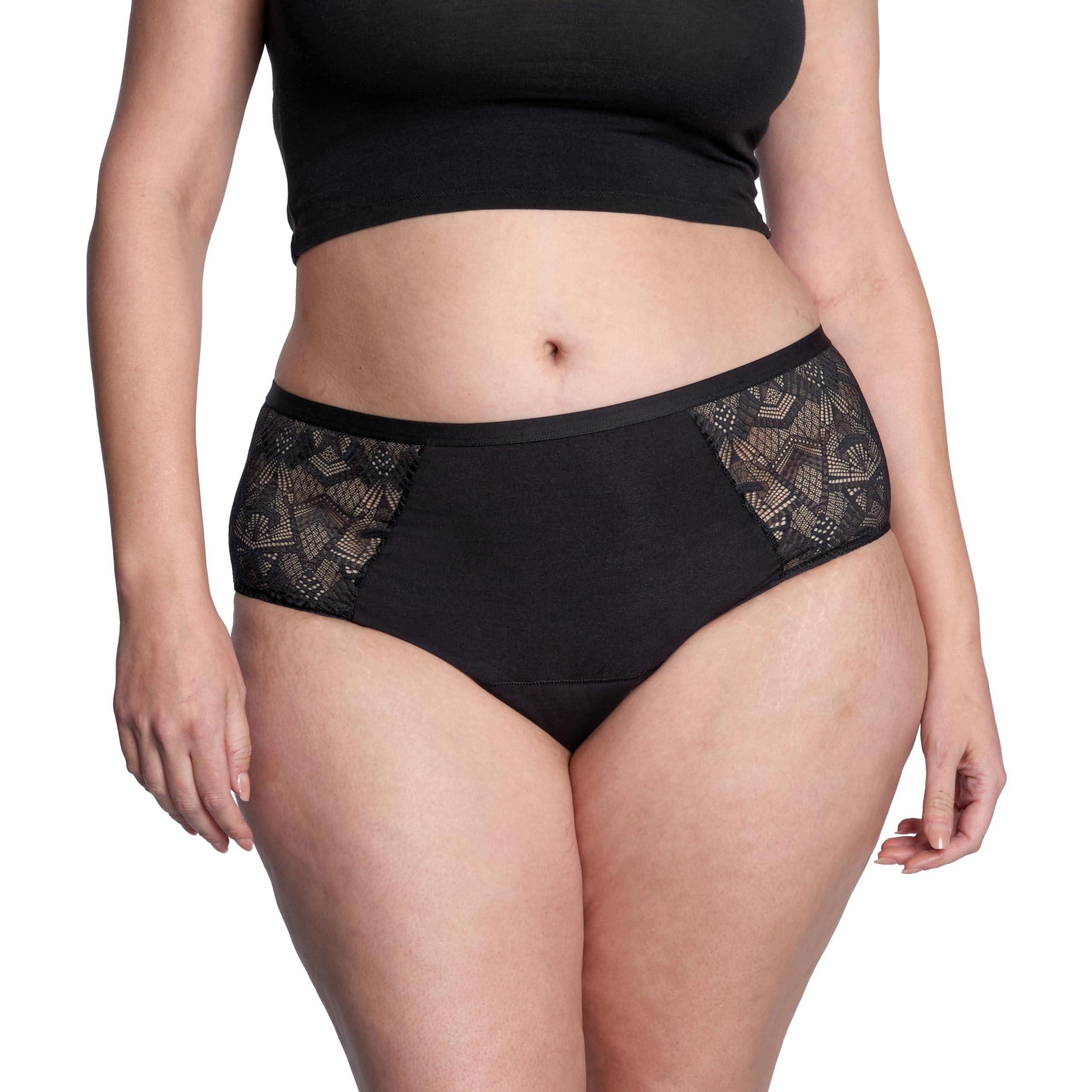 THINX THINX Ultra-Soft Period Underwear, Hi-Waist Leakproof Underwear for Women, Holds Up to 12 Regular Tampons, FSA HSA Approved Period Panties, Reusable, Comfortable, & Flexible, Black with Lace, M