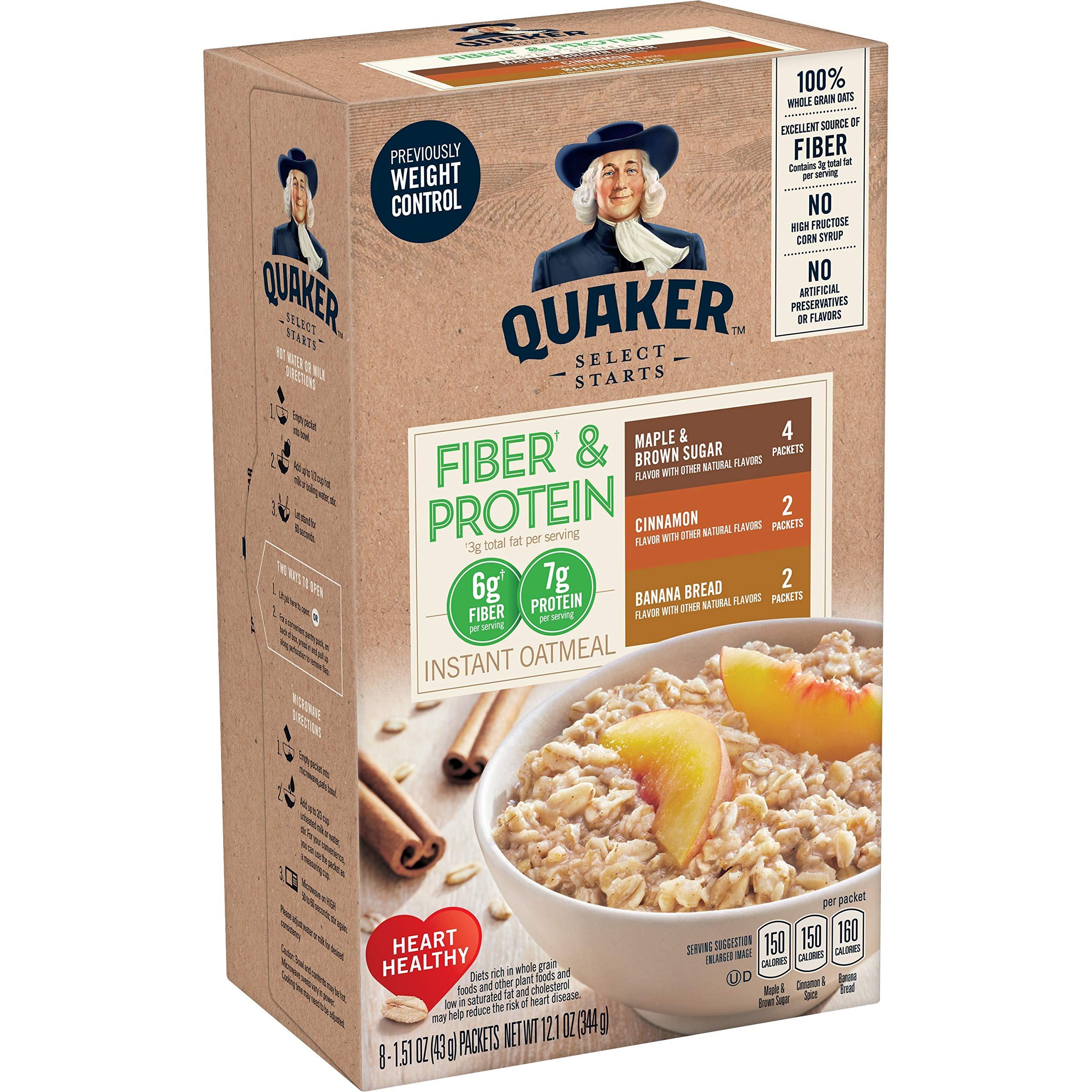 Quaker Quaker Instant Oatmeal, Fiber & Protein 3 Flavor Variety Pack, Individual Packets, 8 Count (Pack of 4)