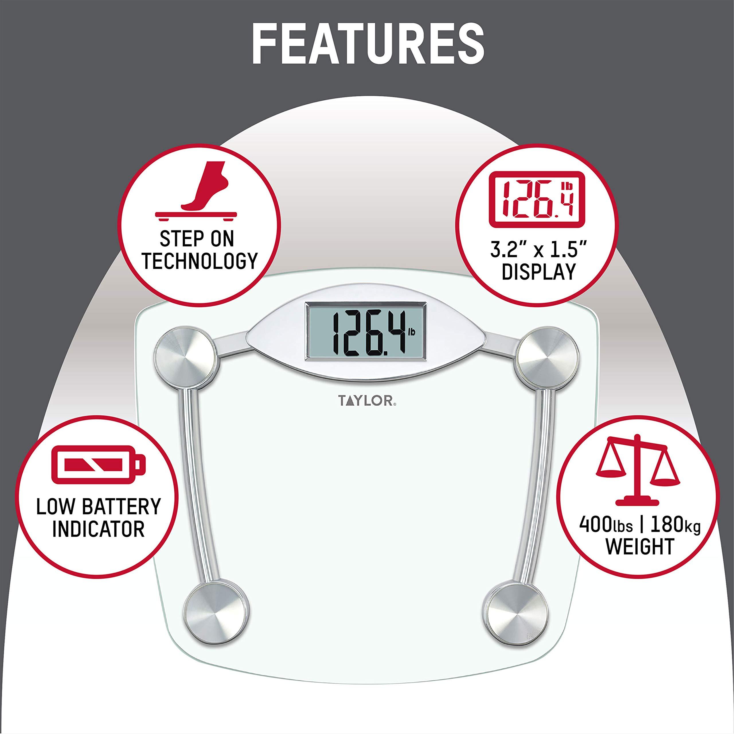 Taylor Precision Products Taylor Digital Bathroom Scale, Highly Accurate Body Weight Scale, Instant On and Off, 400 lb, Sturdy Clear Glass with Chrome Finish Base