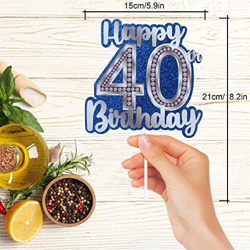HEYUWING Happy 40th Birthday Cake Topper Crystal Rhinestones Theme Decor Supplies Woman Man Happy Birthday Party Decorations Blue Glitter