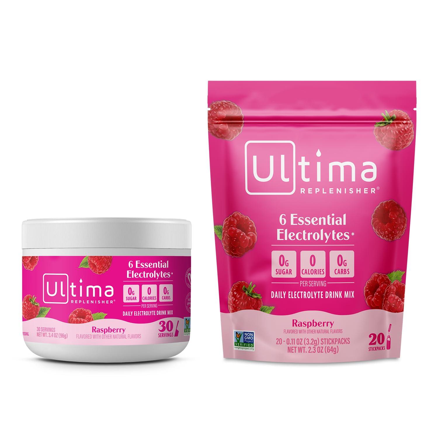 Ultima Replenisher Ultima Replenisher Electrolyte Powder Drink Mix Bundle  Rasberry, 30 Serving Canister and 20 Stickpacks  6 Electrolytes and Minerals  Keto Friendly, Vegan, Non-GMO and Sugar-Free