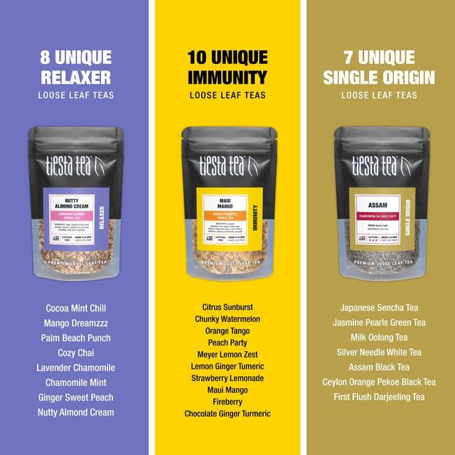 Tiesta Tea Tiesta Tea - Tiesta Tastings Loose Leaf Sampler Dry Flight Set - High to No Caffeine Tea - Makes Hot and Iced Tea - Assorted Tea Sets with Herbal, Chai, Fruit Teas & More - 45 Resealable Sample Pouches