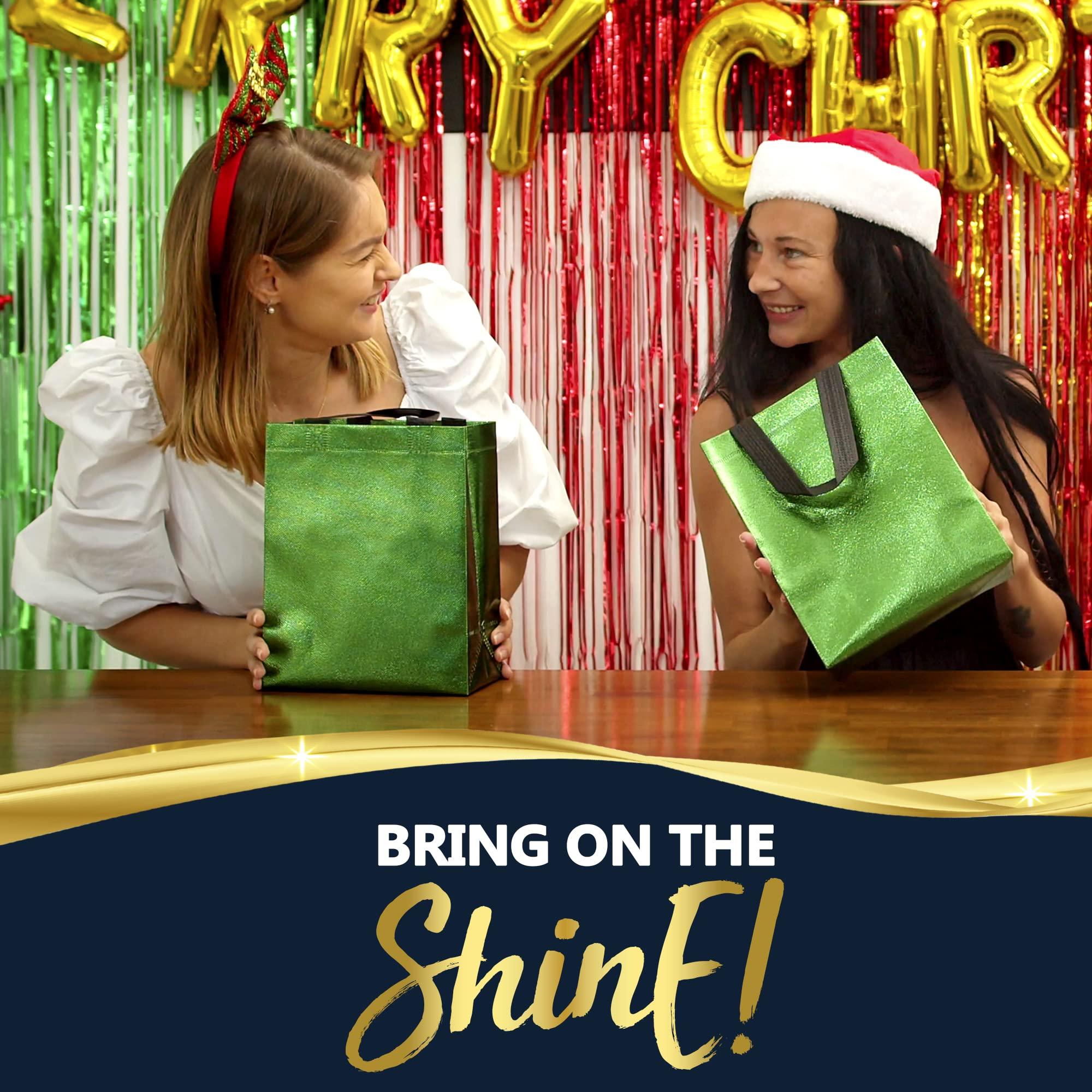 Nush Nush Nush Nush Green Gift Bags Medium Size Set of 12 & 60 Shiny Green Reusable Gift Bags With a Glossy Finish - Perfect As Goodie Bags With Handles, Christmas Gift Bags, Party Favor Bags 8Wx4Dx10H Size