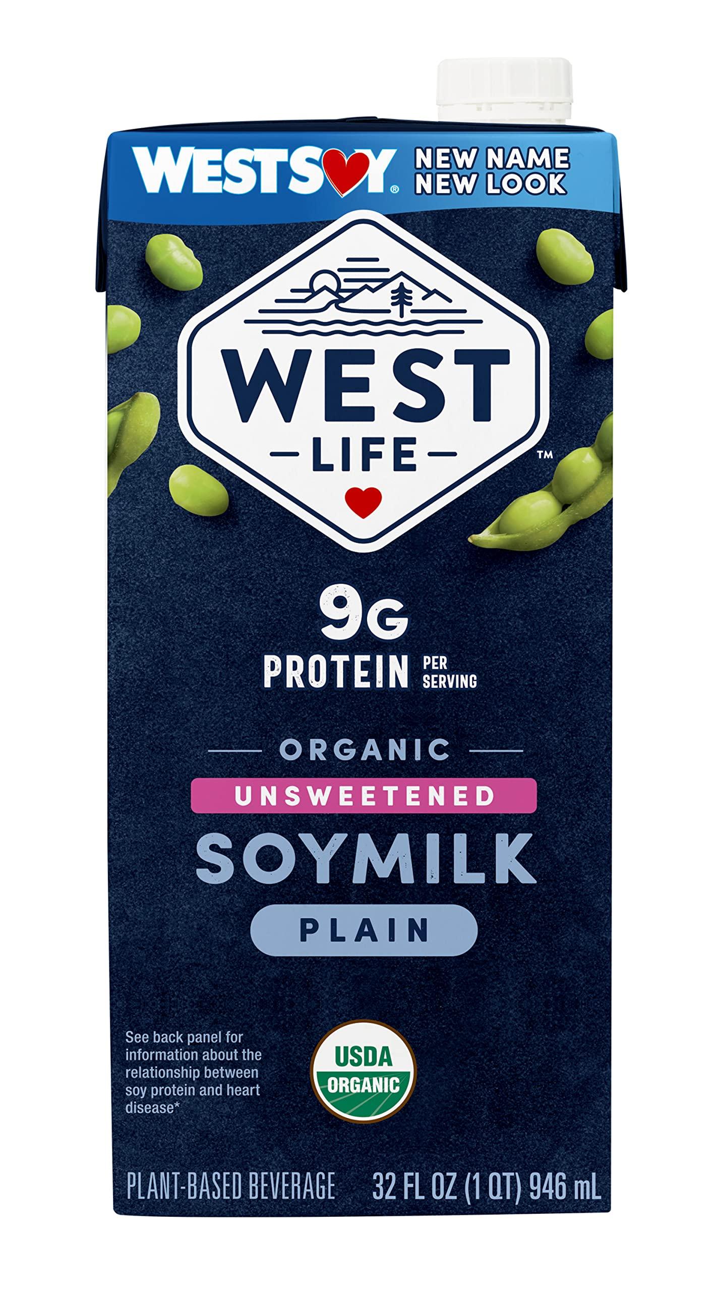 Westsoy West Life Organic Soy Milk, Unsweetened Plain, Low Sugar, 9g of Protein, Vegan Dairy Alternative, Lactose-Free, Shelf Stable, 32oz (Pack of 6)