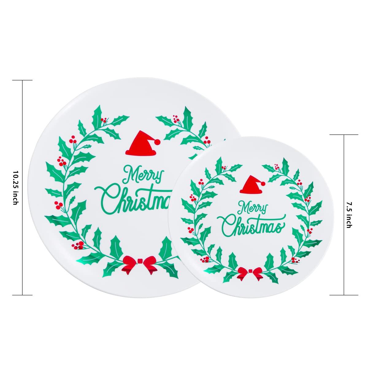 DaYammi DaYammi 60 PCS Christmas Plates White and Green Plastic Plates Red and Green Christmas Disposable Party Plates Include: 30 Christmas Dinner Plates 10.25\", 30 Dessert Plates 7.5\" for Christmas Party