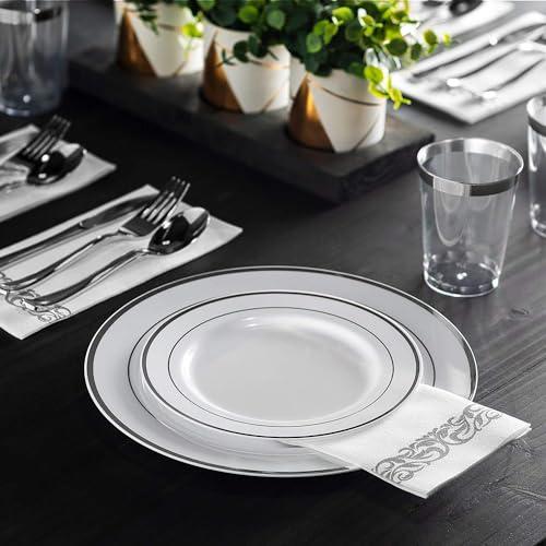 Munfix 100 Silver Plastic Plates Set 10.25 Inch Plastic Dinner Plates Fancy Disposable Plates Heavy Duty Party Plates Elegant Wedding Plates White with Silver Rim