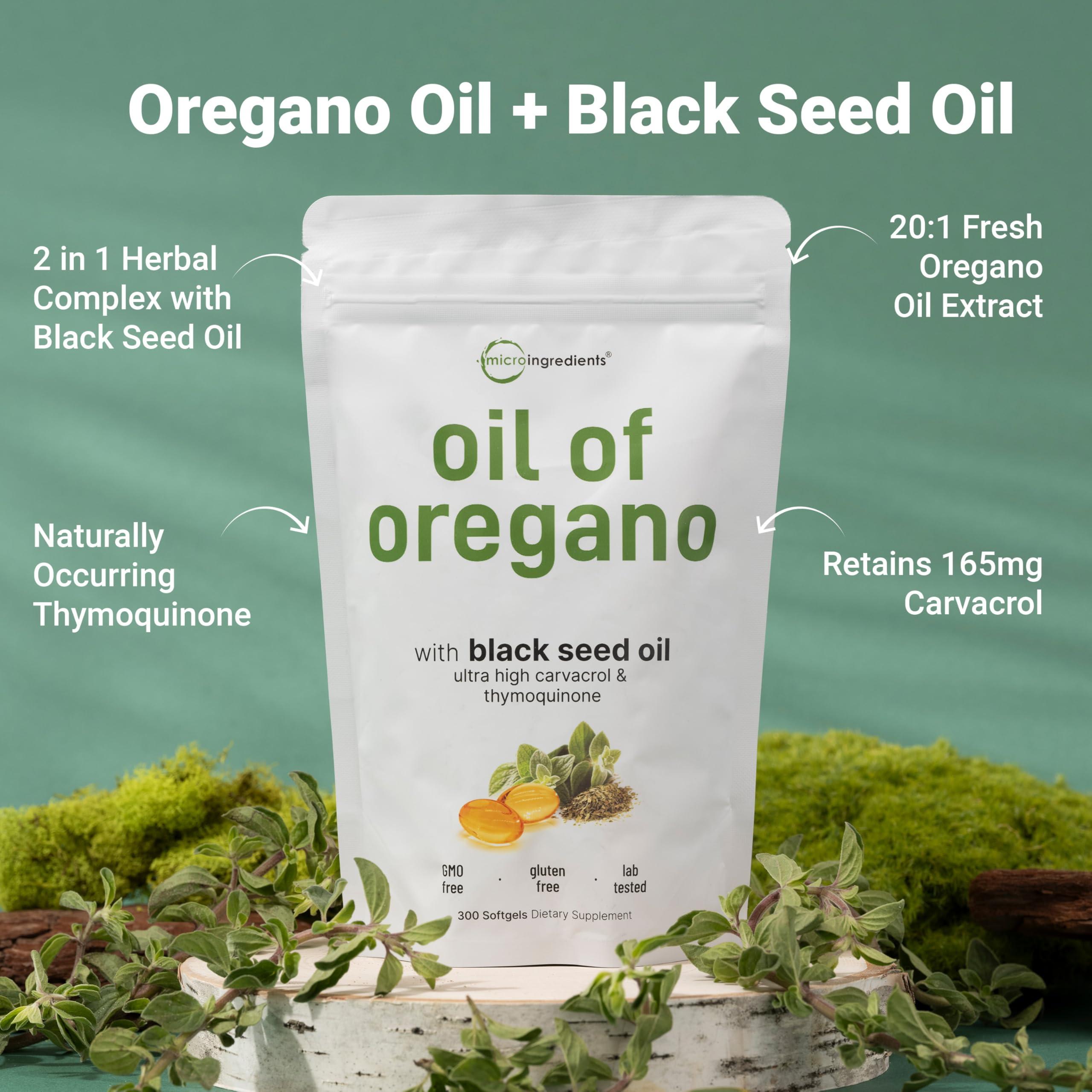 Micro Ingredients Micro Ingredients Oil of Oregano Softgels 6000mg Per Serving, 300 Count | 2 in 1 Formulated with Black Seed Oil 200mg, 4X Strength Carvacrol & Thymoquinone | Plant Based, Non-GMO & Immune Support