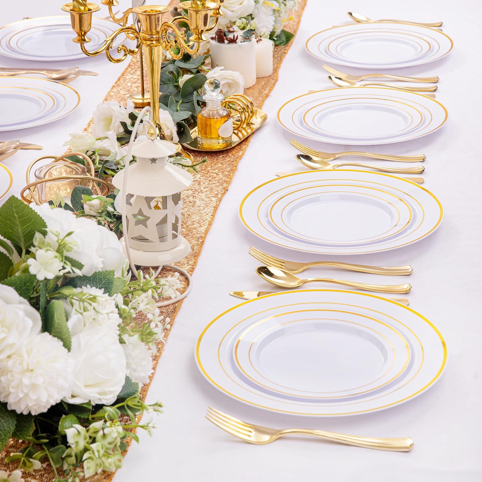I00000 200 Pcs Gold Plastic Plates - Disposable Party Plates, Gold Plates Disposable Include 100 Dinner Plates and 100 Elegant Dessert Plates, Plastic Plates for Party, Holiday, Wedding & Birthday