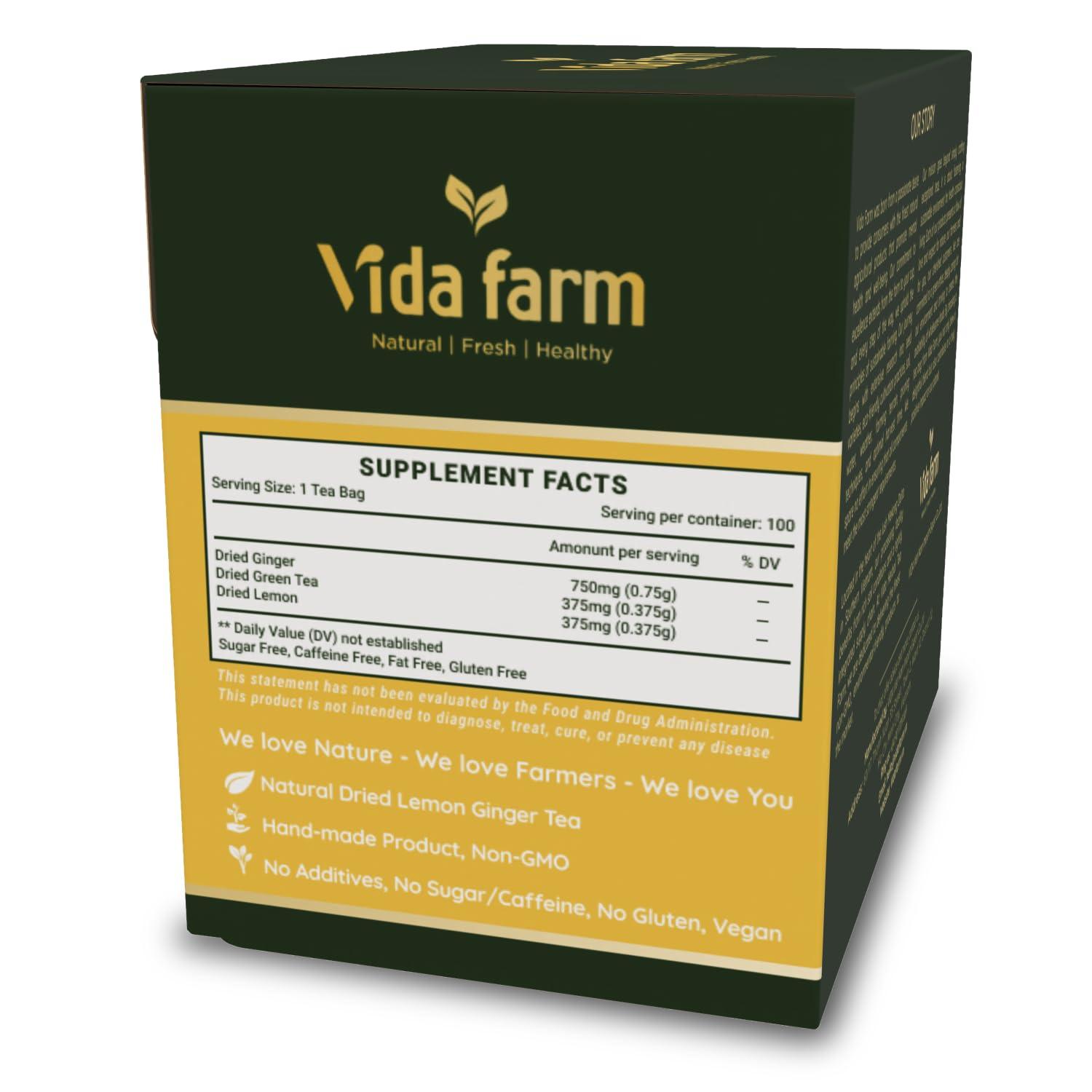 VIDA FARM VIDA FARM 100 Lemon Ginger Tea Bags, 100% Natural Ingredients - Warming & Spicy Blend, Caffeine Free, Sugar Free, Non-GMO, Lemon & Ginger Herbal Tea Beverage
