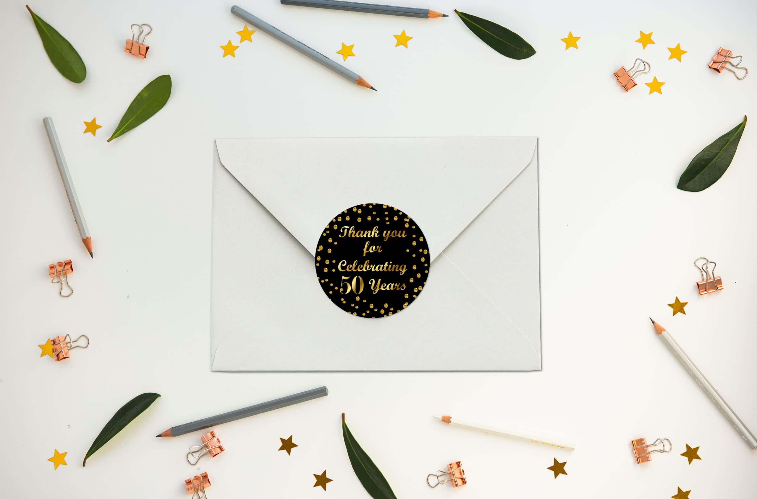 RokAPary 50th Birthday Round 2 Inch Big Glossy Stickers, Thank You for Celebrating 50 Years Black and Gold Labels, Great for Party Favors, Decorations, Tags, Gift Bags and Supplies. Made in USA