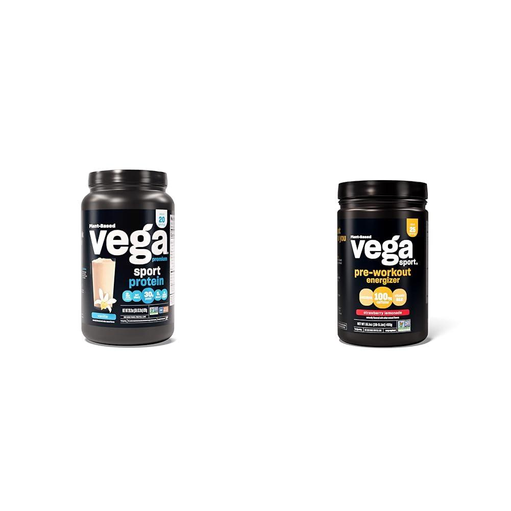 Vega Vega Premium Sport Protein Vanilla Protein Powder, Vegan, Non GMO & Sport Pre-Workout Energizer, Strawberry Lemonade - Pre Workout Powder