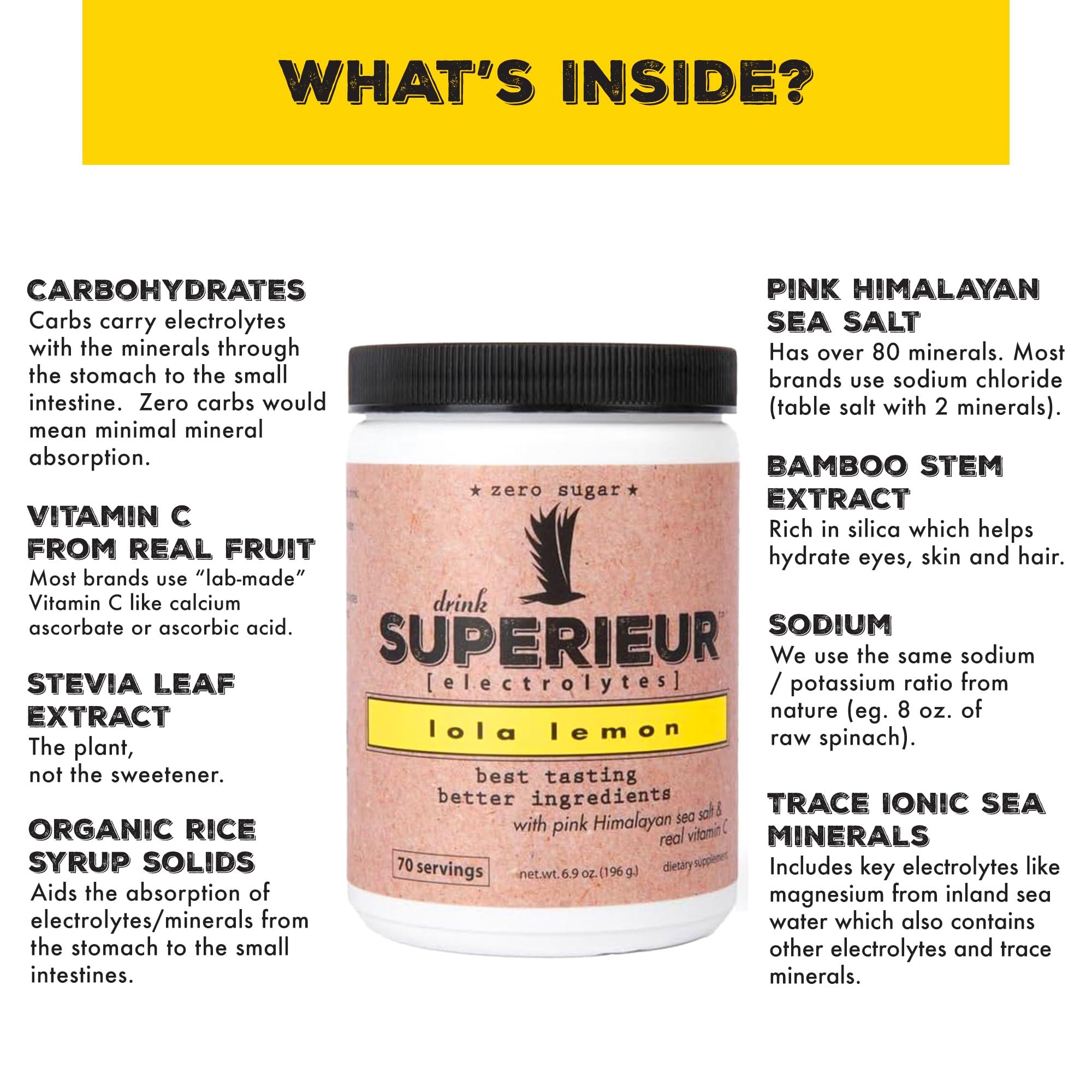 Superieur Superieur Electrolytes Plant Based Electrolyte Supplement w/Sea Minerals for Hydration & Recovery Keto Friendly, Non-GMO, Zero Sugar, Vegan Healthy Sports Drink Powder Lola Lemon (70 Servings)