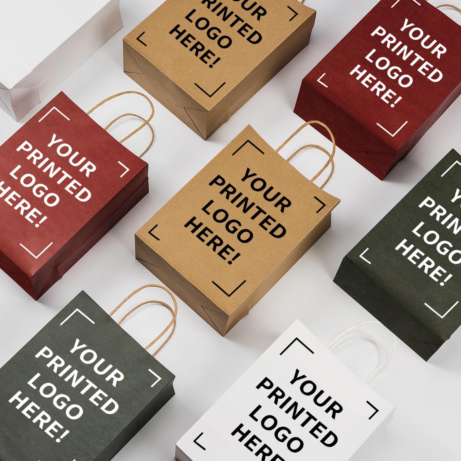 METAPRINT 300 PCS Custom Printed Kraft Paper Bags for Small Business, 5.8*3.2*8.25 Inch Small Size, Personalized Retail Gift Bags with Logo, Brown White Shopping Paper bag with Handle, Goodie Bags