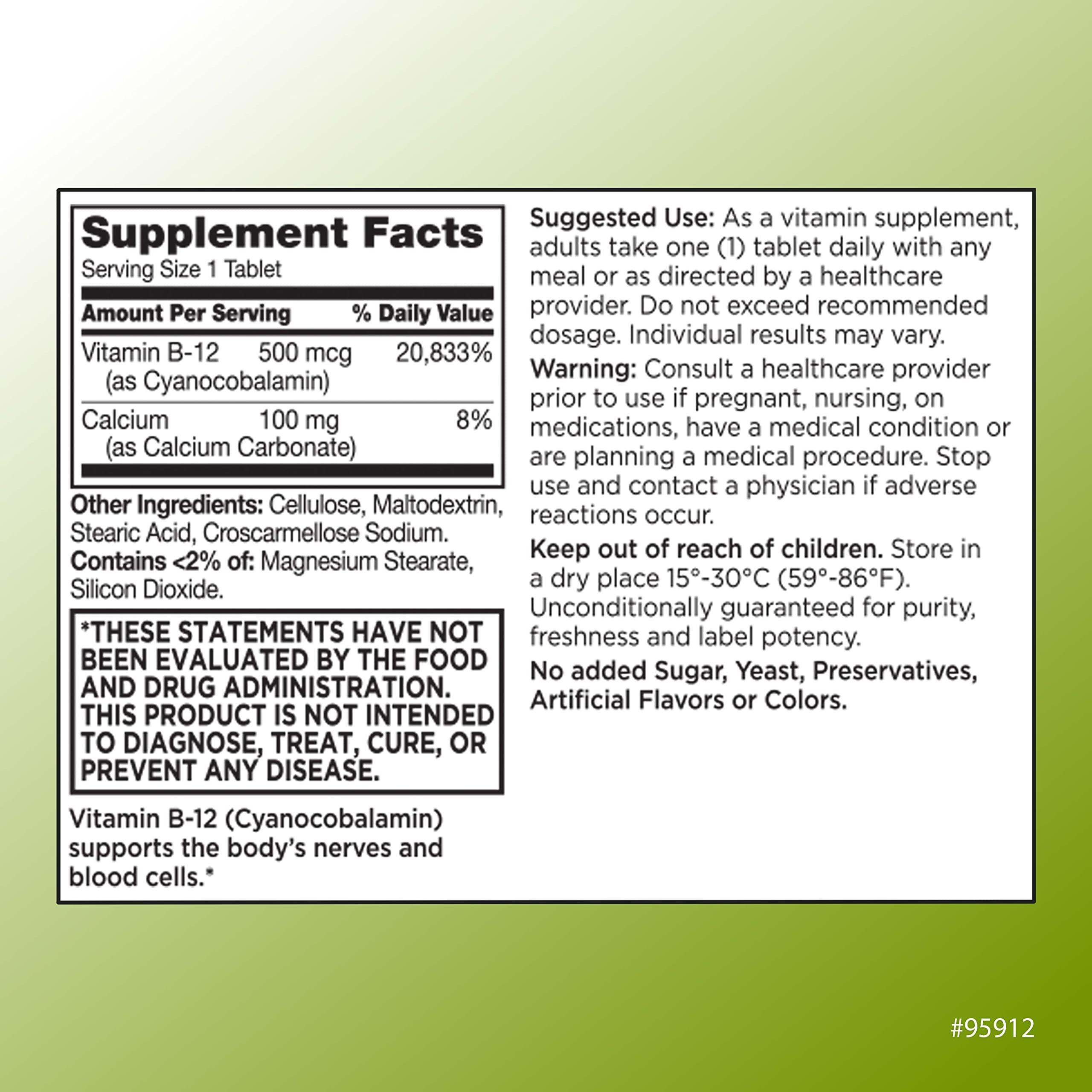 Quality Choice Quality Choice Vitamin B12 500 MCG, Energy, Metabolism, & Nervous System Support Supplement 100 Count Bottle of Tablets