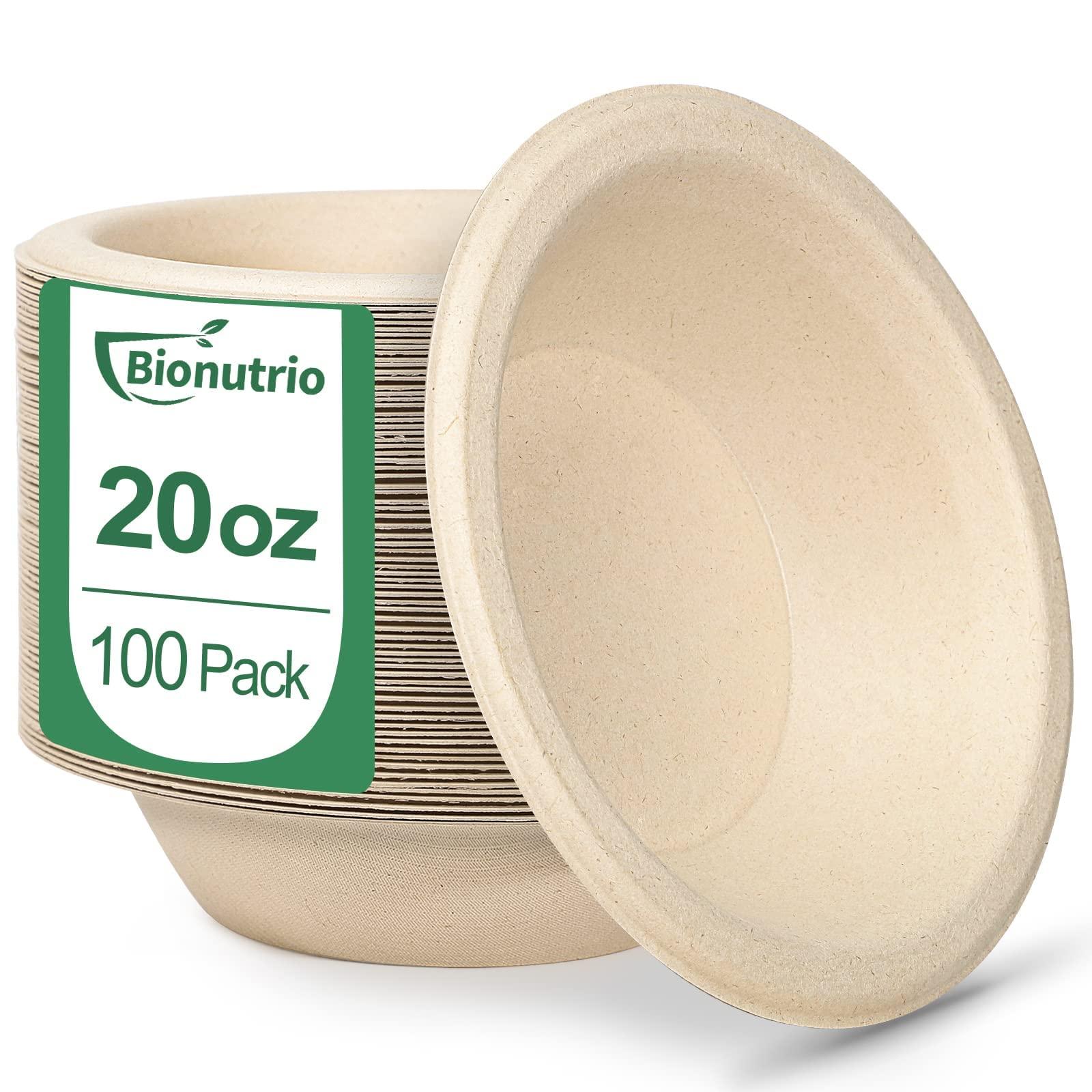 Bionutrio 20oz Paper Bowls Disposable, 100 Pack Bowls Disposable Heavy Duty, Compostable Soup Bowls, Biodegradable Serving Bowls for Salad, Ice Cream, Dessert, Eco-Friendly Bowls Made Of Sugarcane