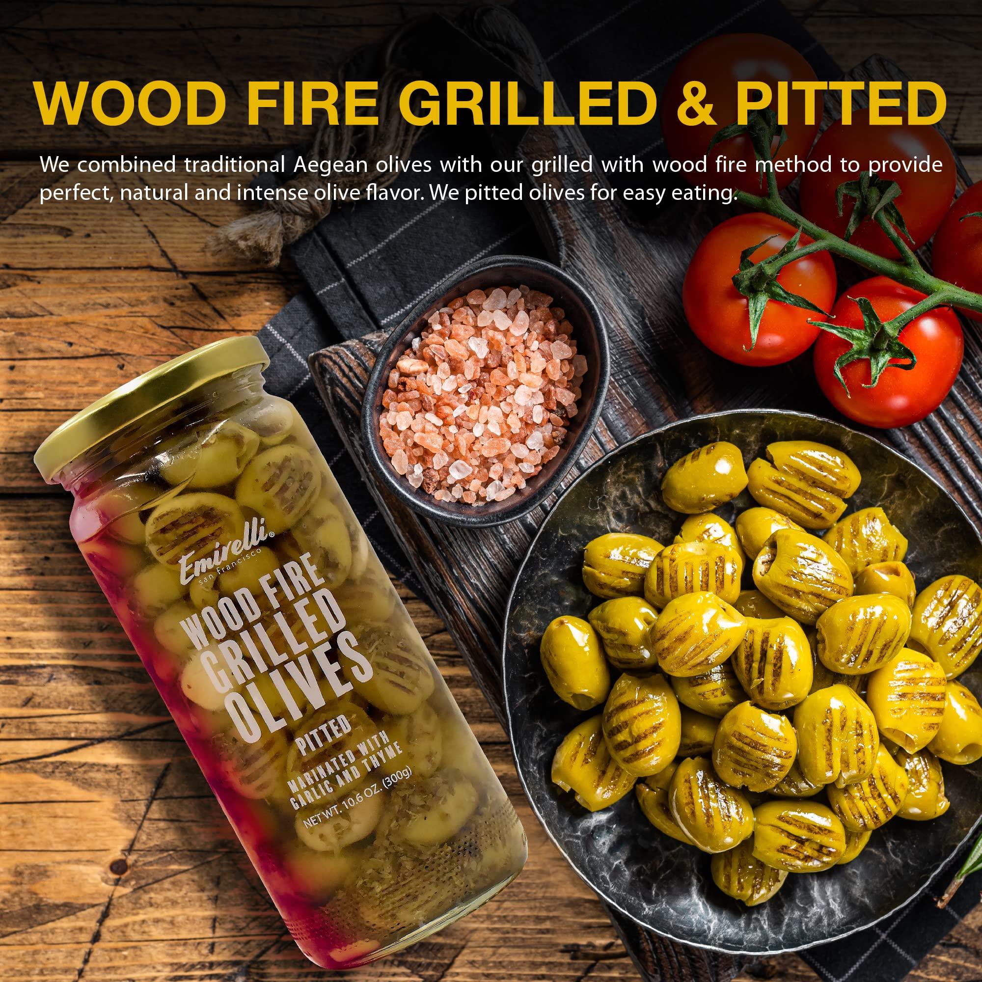 Emirelli San Francisco Emirelli Grilled and Pitted Green Olive – Delicious Premium Hand-Picked Turkish Olives Filled Marinated in Fresh Spices, Preserved (Grilled Olives, 6 Pack)