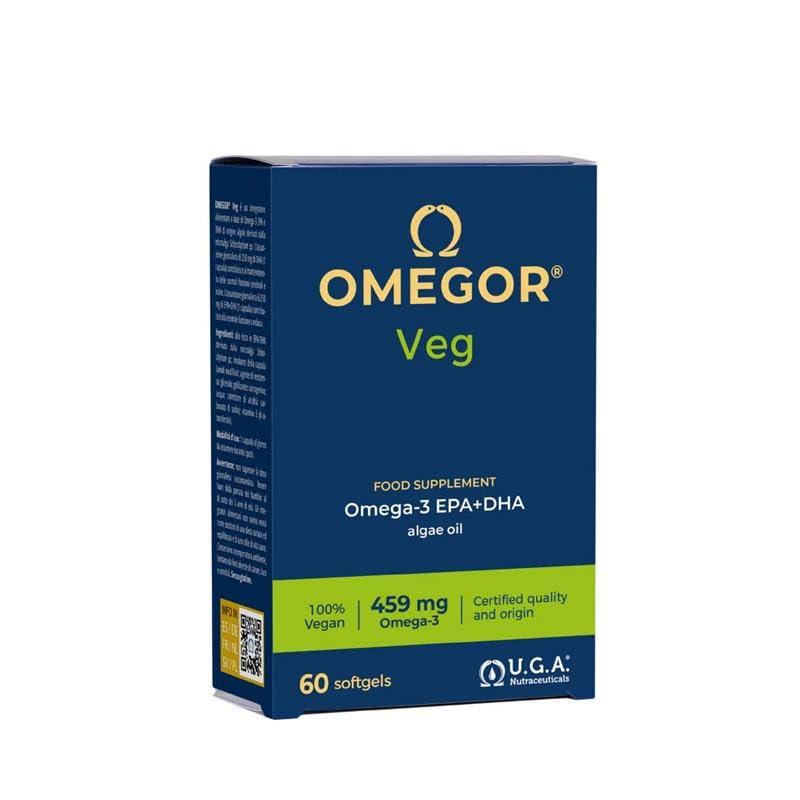 OMEGOR Omegor Veg Omega-3 Vegan (60 Capsules) Plant-Based Omega-3 Derived from Algal Oil, Enriched with Vitamin E Contains 250mg DHA and 125mg EPA per Capsule IFOS and Vegan Society Certified