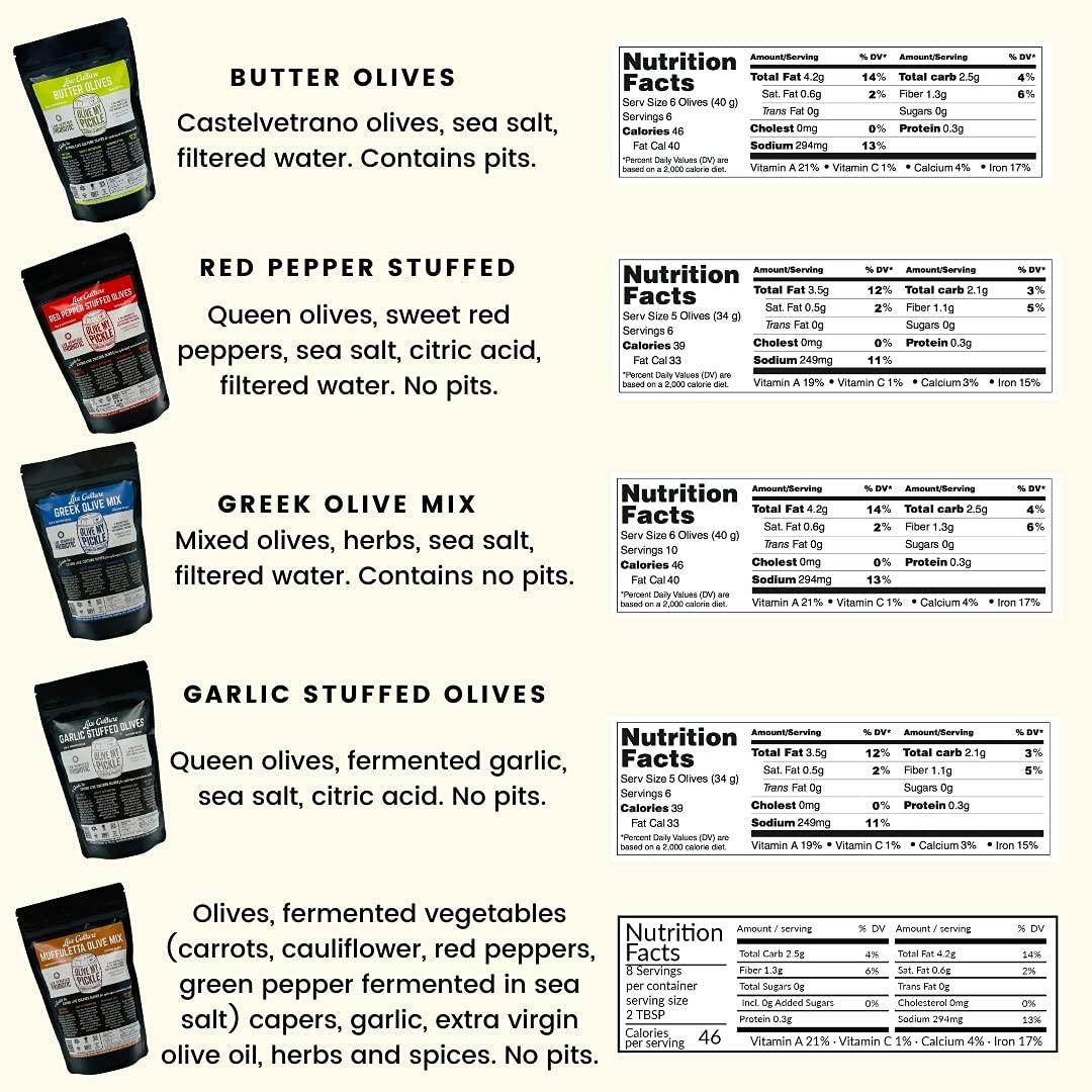 Olive My Pickle Olive My Pickle Live Culture Probiotic Mixed Olives - 6 Pack Olives Individual Packs of Butter Green Pitted Olives, Red Pepper & Garlic Stuffed Green Olives, Greek Olives Mix, Muffuletta Olive Salad