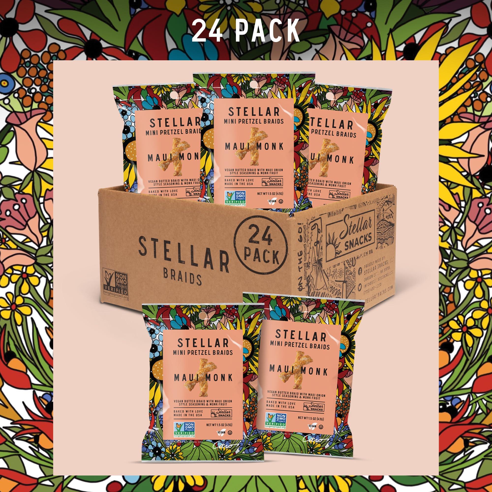 STELLAR SNACKS Stellar Pretzel Braids Maui Monk Mini 24 Snack Packs (1.5 oz each) Maui Onion and Monk Fruit Flavor, Stellar Snacks, Vegan Kosher Peanut-Free Non-GMO, Individual Bags, Pretzel Twists - Made in the USA