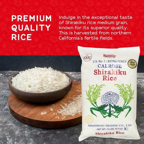 SHIRAKIKU BRAND SHIRAKIKU Calrose Rice Medium Grain White Rice - Japanese Premium quality uncooked Milled Rice | Low Calories Perfect for Authentic Asian Cuisine 15 Pound, (Pack of 1)