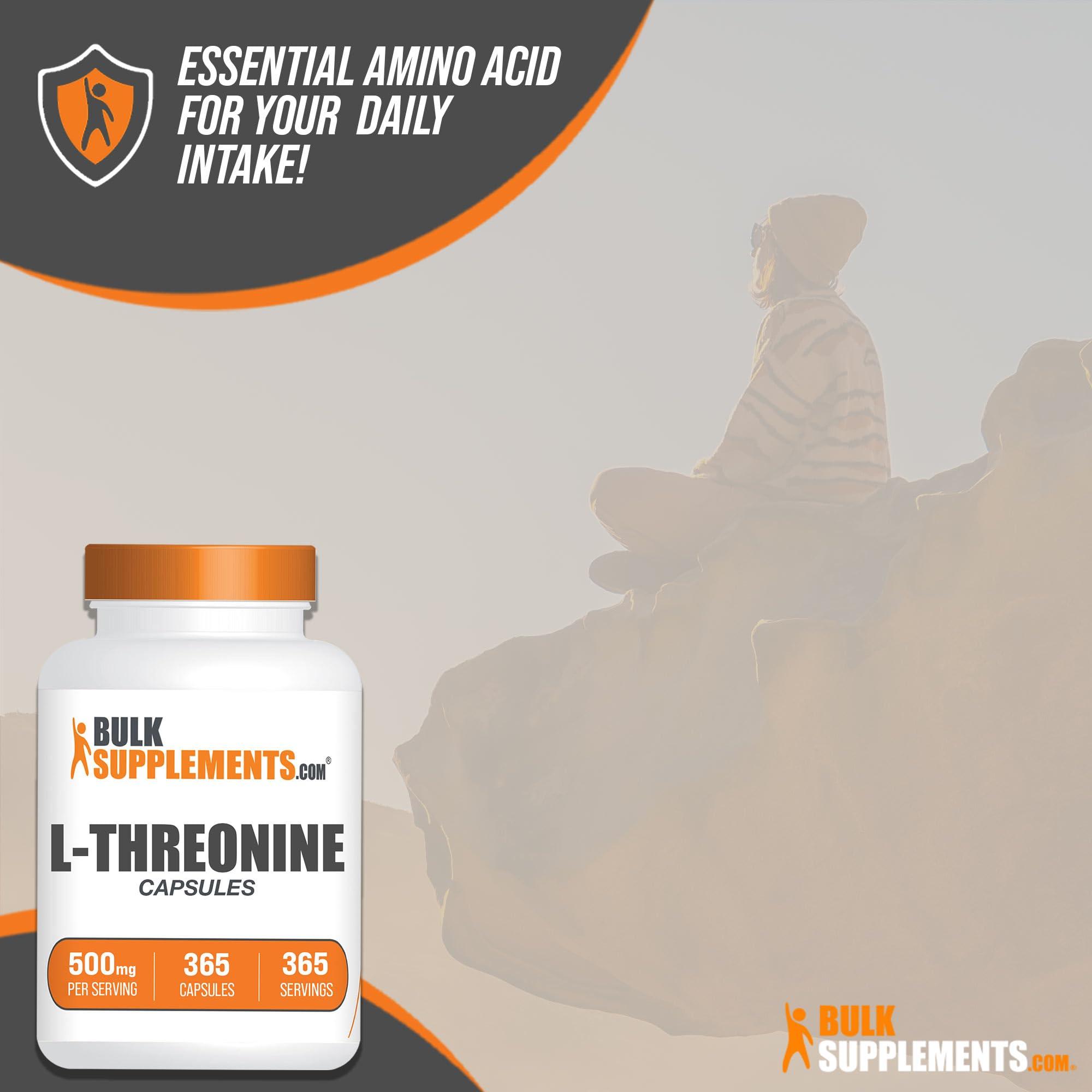 BULKSUPPLEMENTS.COM BulkSupplements.com L-Threonine Capsules - L-Threonine Supplement, Threonine 500mg - Amino Acid Supplement, Gluten Free, 1 Capsule per Serving, 365 Capsules (Pack of 1)