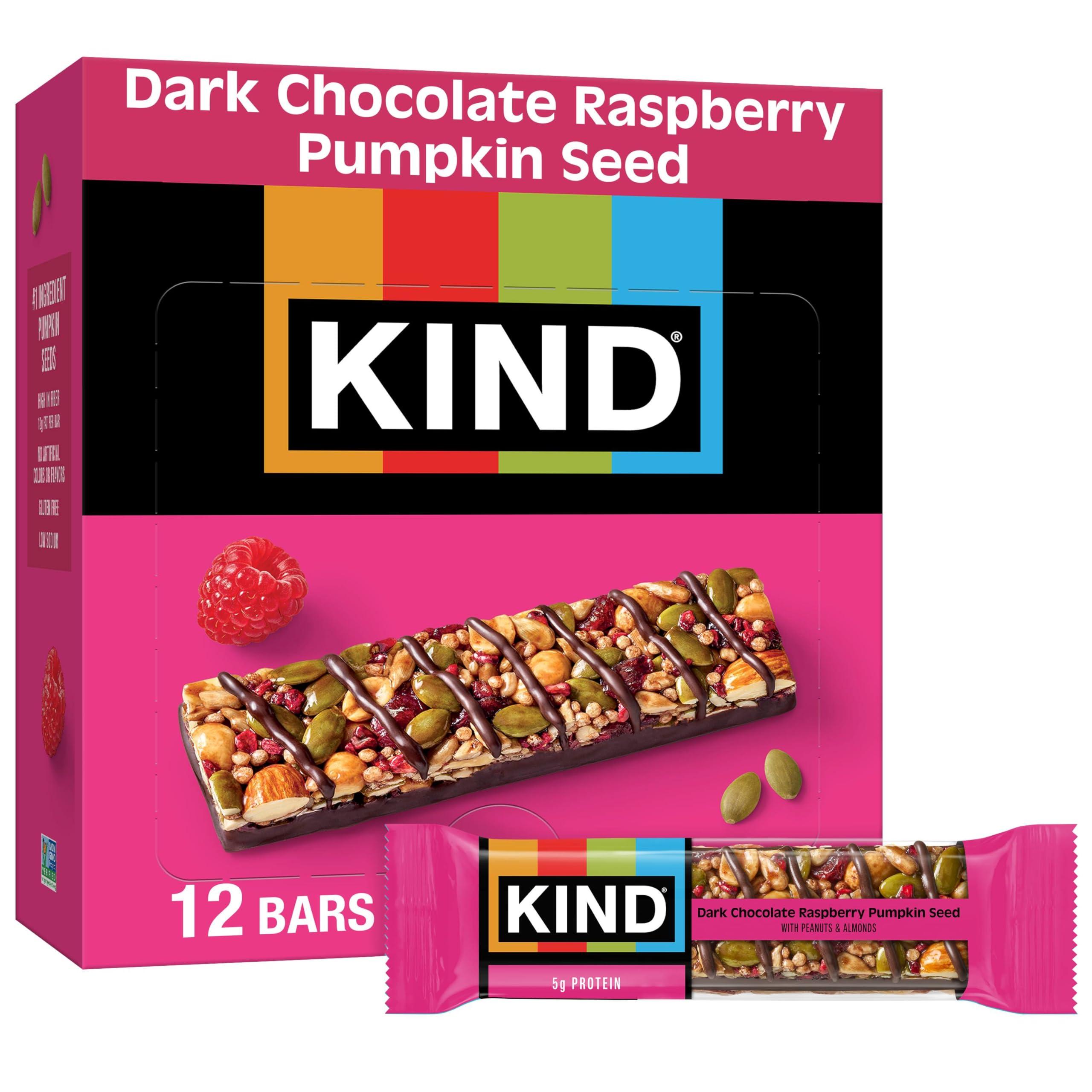 KIND KIND Seeds Fruit & Nuts Snack Bar, Dark Chocolate Raspberry Pumpkin Seed | 5g Protein, High Fiber, Gluten Free Bars, 1.4 OZ, 12 Count