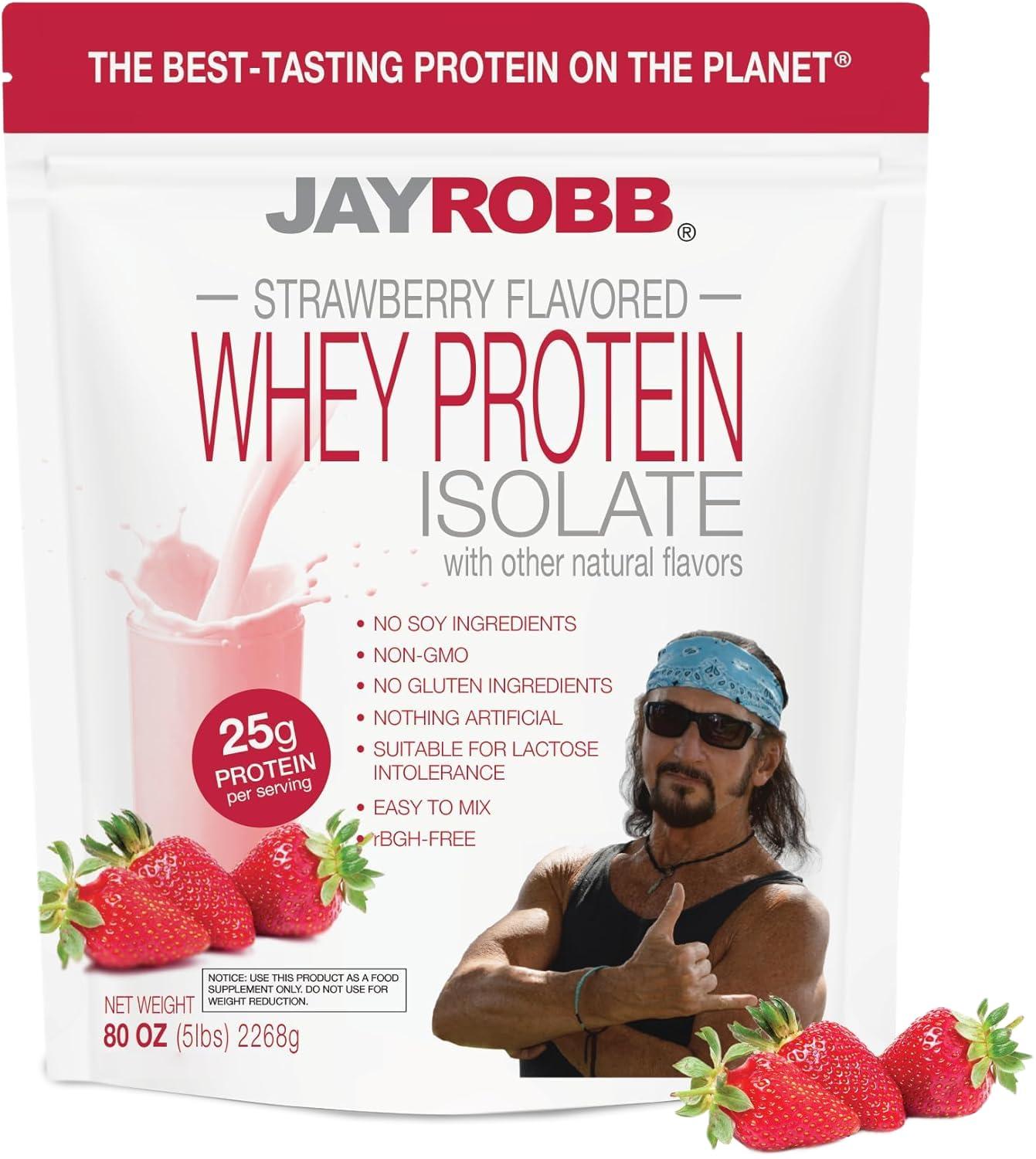 JAYROBB JAYROBB Whey Isolate Protein Powder, Low Carb, Keto, Vegetarian, Gluten Free, Lactose-Free, No Sugar Added, No Fat, No Soy, Nothing Artificial, Non-GMO, Best-Tasting, 75 Servings (80 oz, Strawberry)